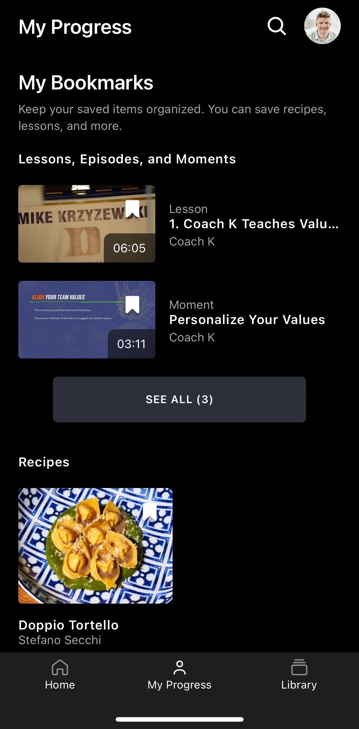Masterclass Screen screen in the Removing a bookmark flow