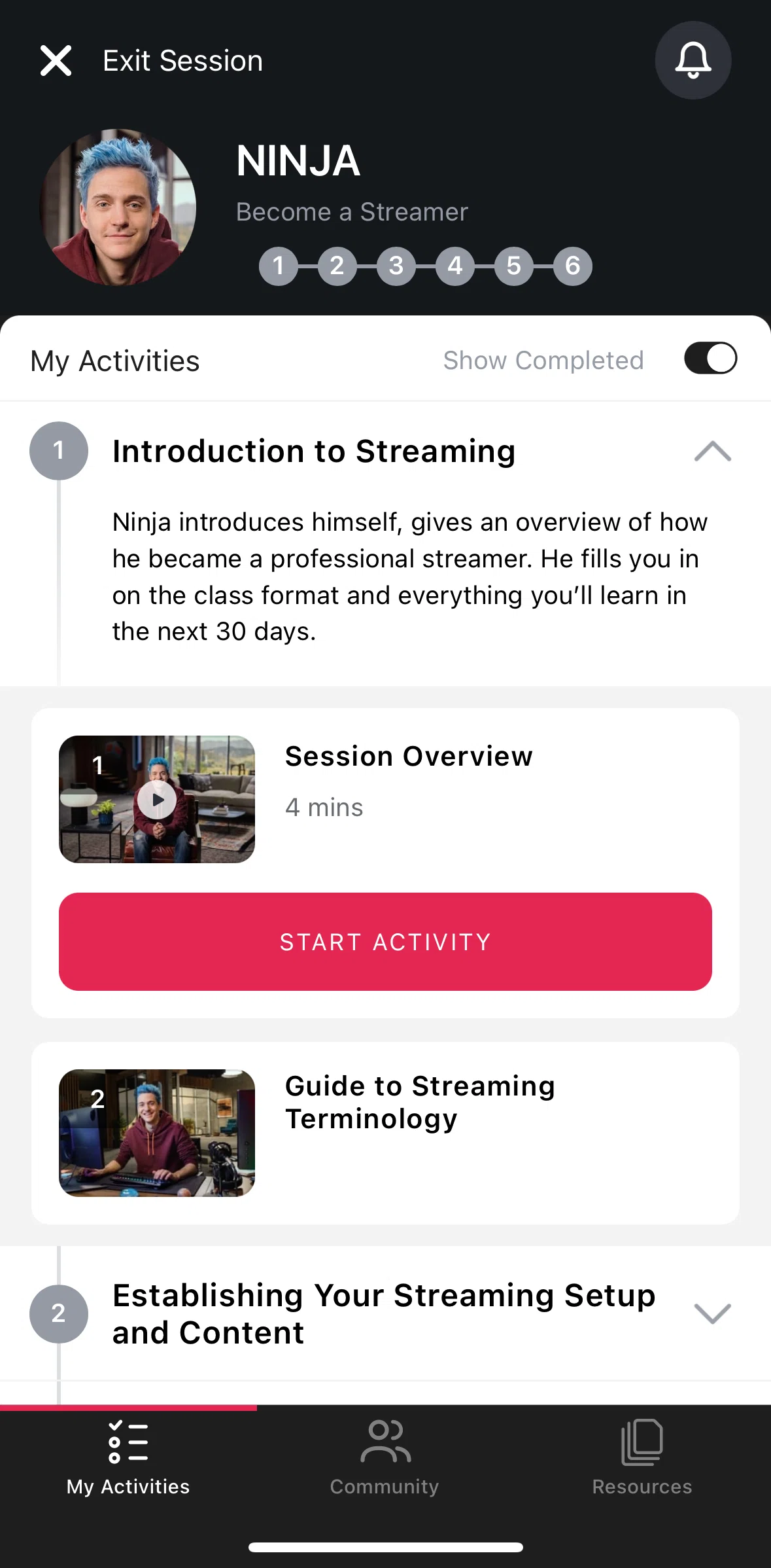 Masterclass Screen screen in the Starting an activity flow