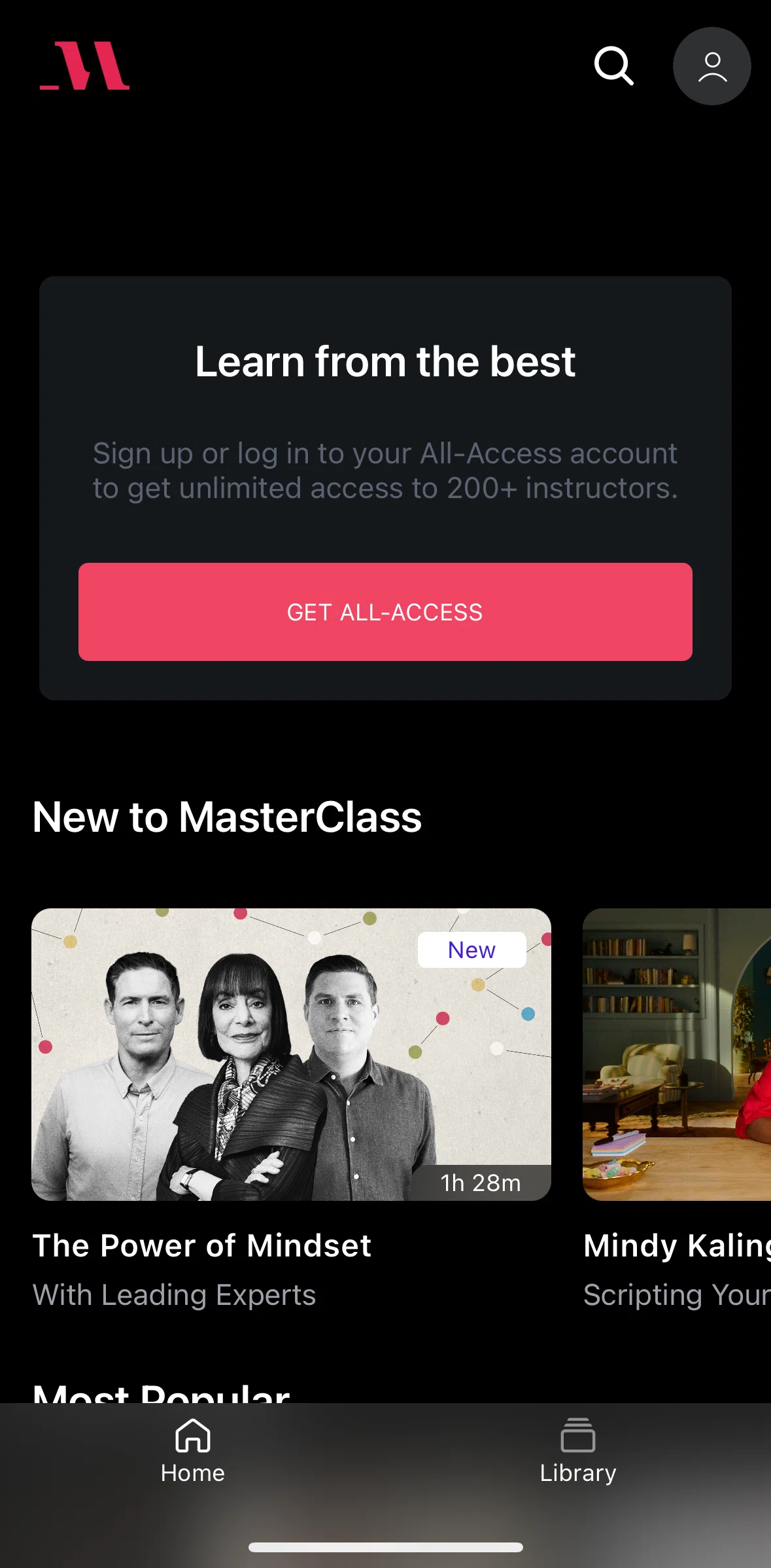 Masterclass Screen screen in the Subscribing to premium flow