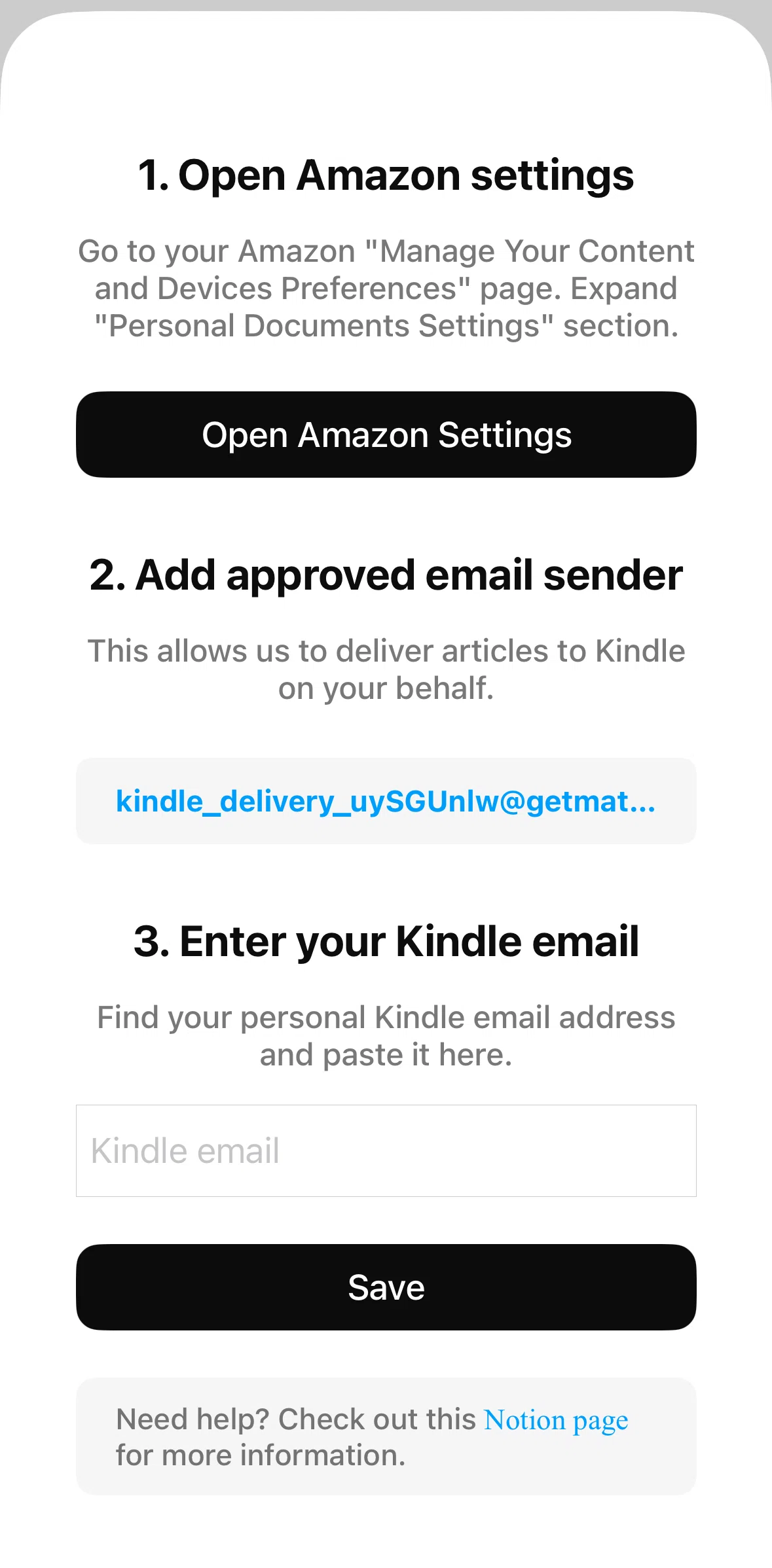 Matter Screen screen in the Add a Kindle email flow