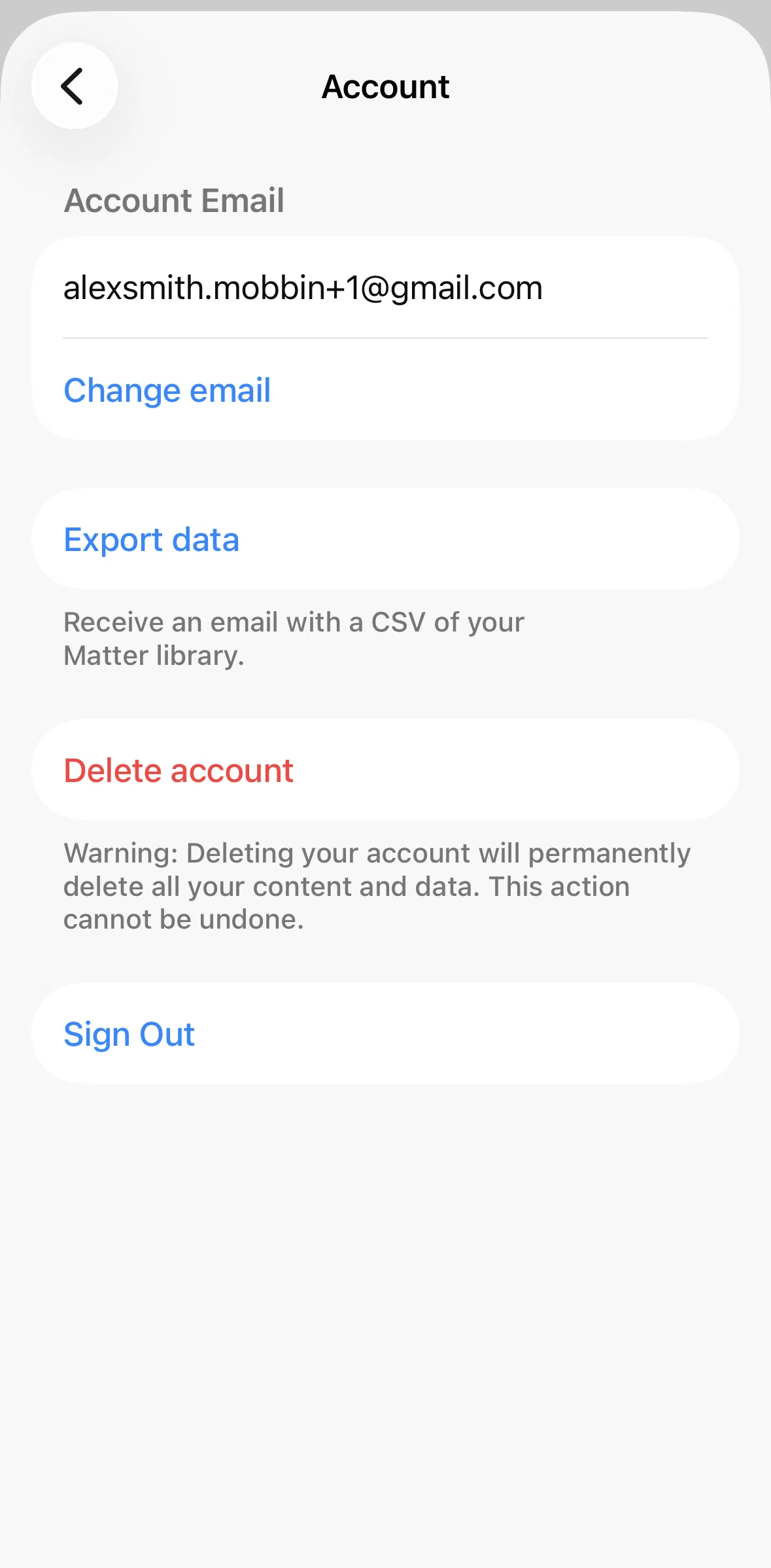 Matter Screen screen in the Changing an email flow