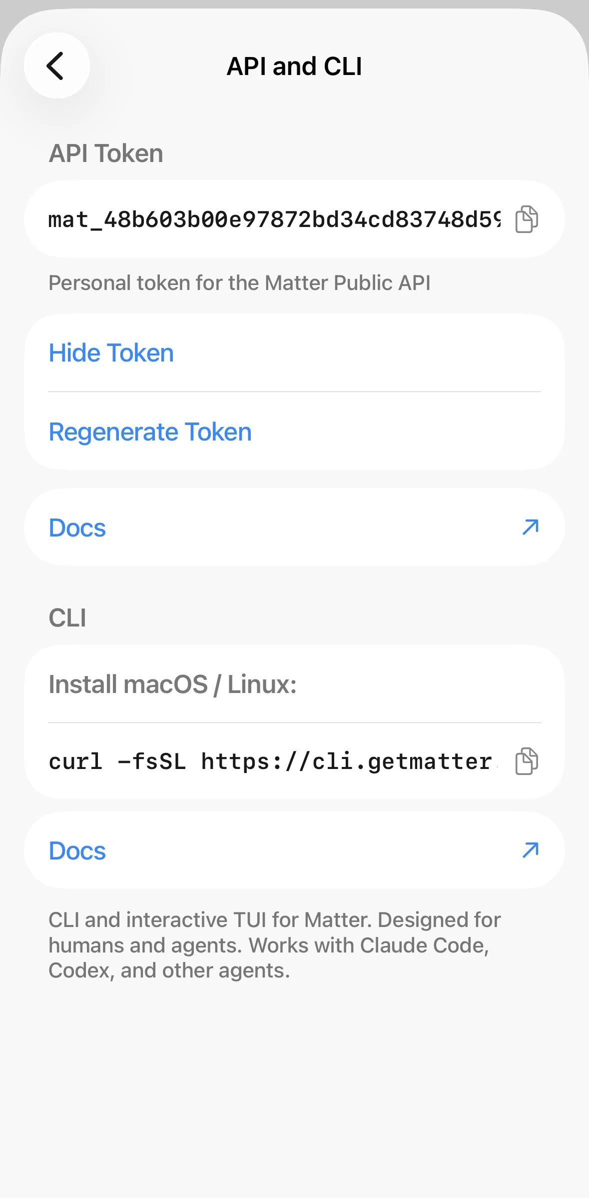 Matter Screen screen in the Hiding a token flow