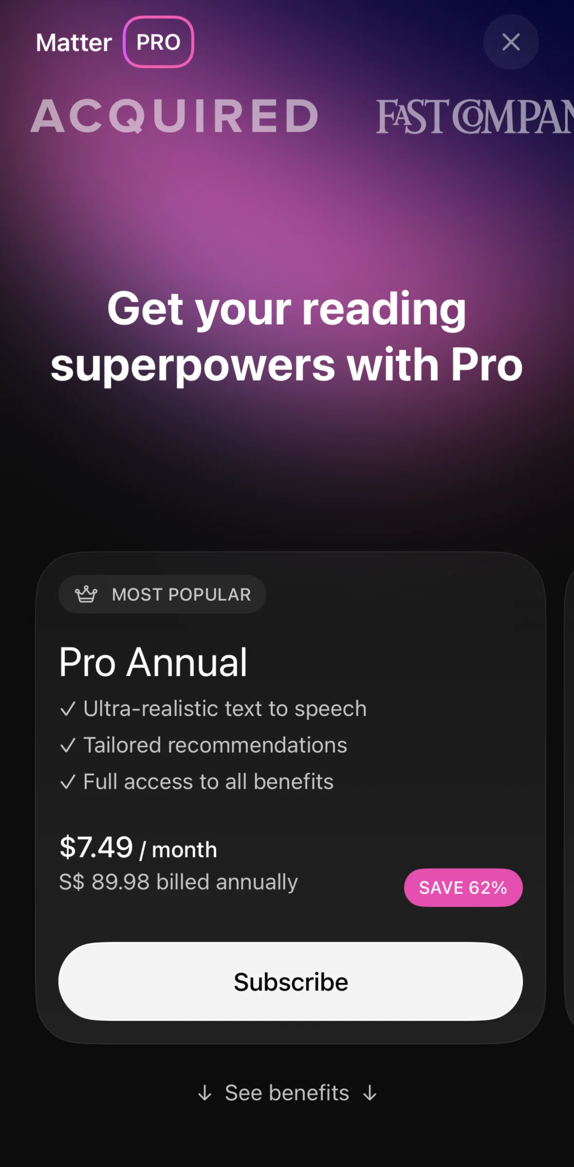 Matter Screen screen in the Subscribing to Matter Pro flow