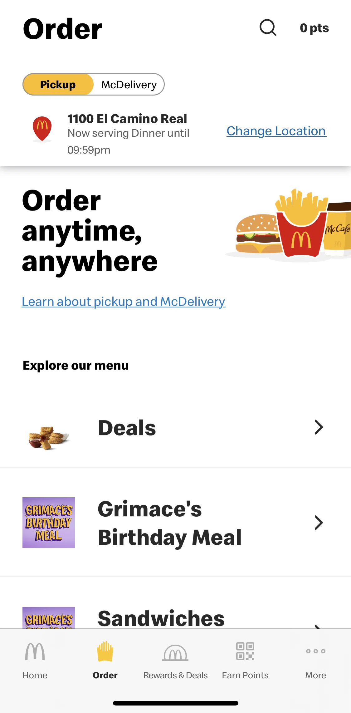 McDonald's Screen screen in the Changing location flow