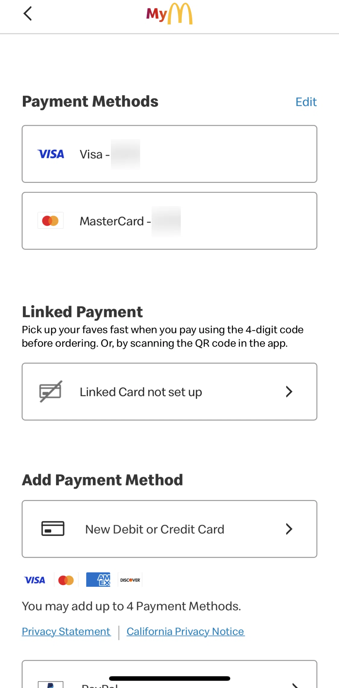 McDonald's Screen screen in the Deleting a card flow