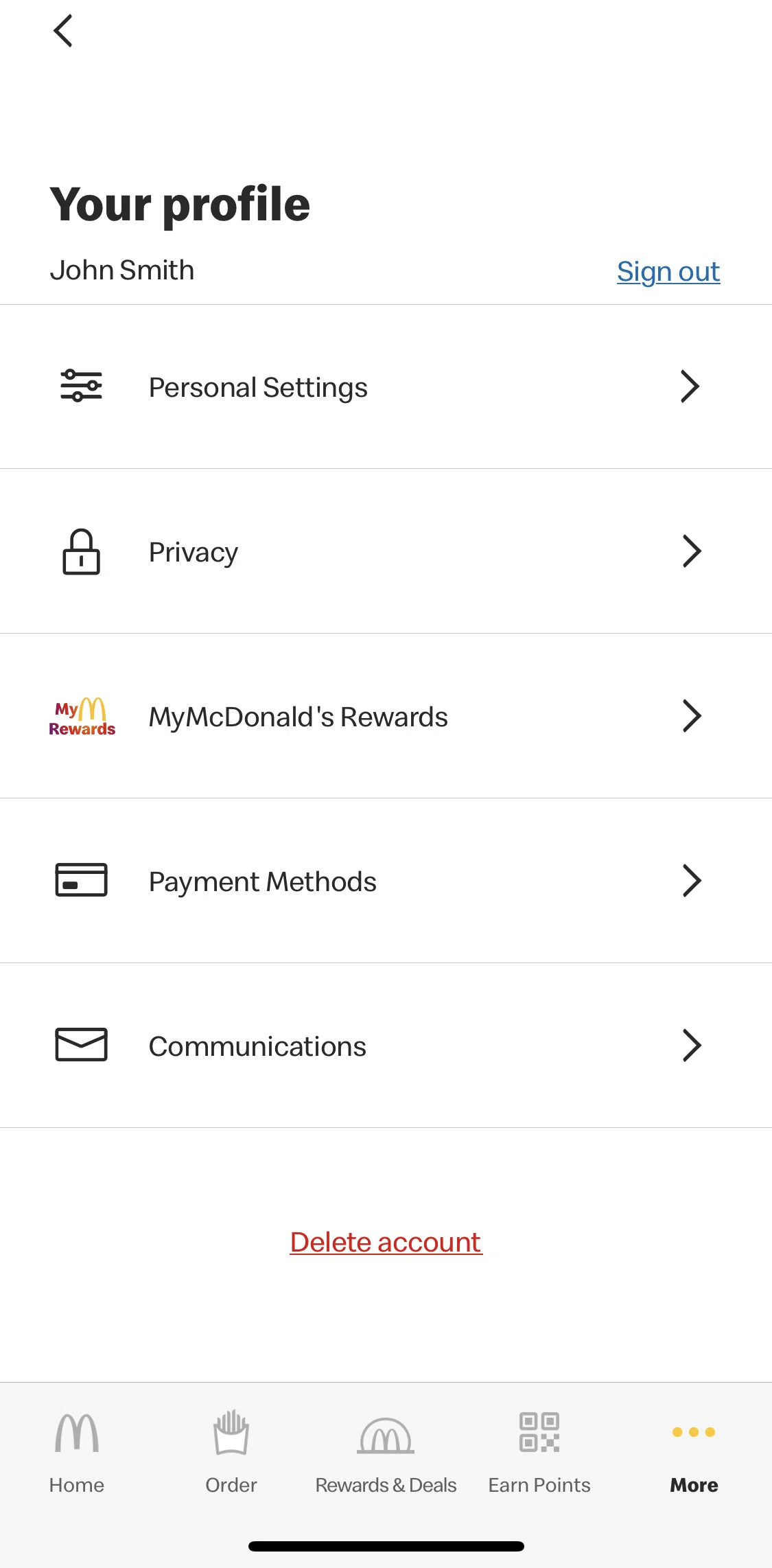 McDonald's Screen screen in the Deleting account flow