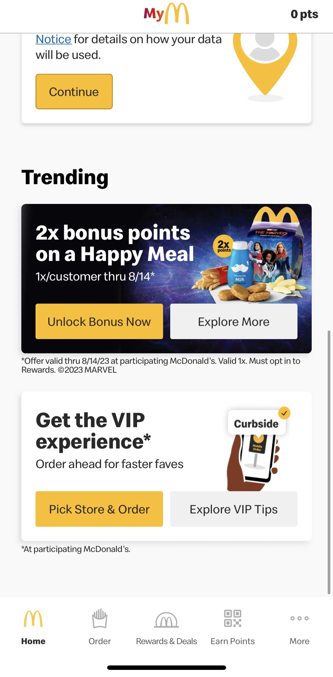 McDonald's Screen screen in the VIP tips flow