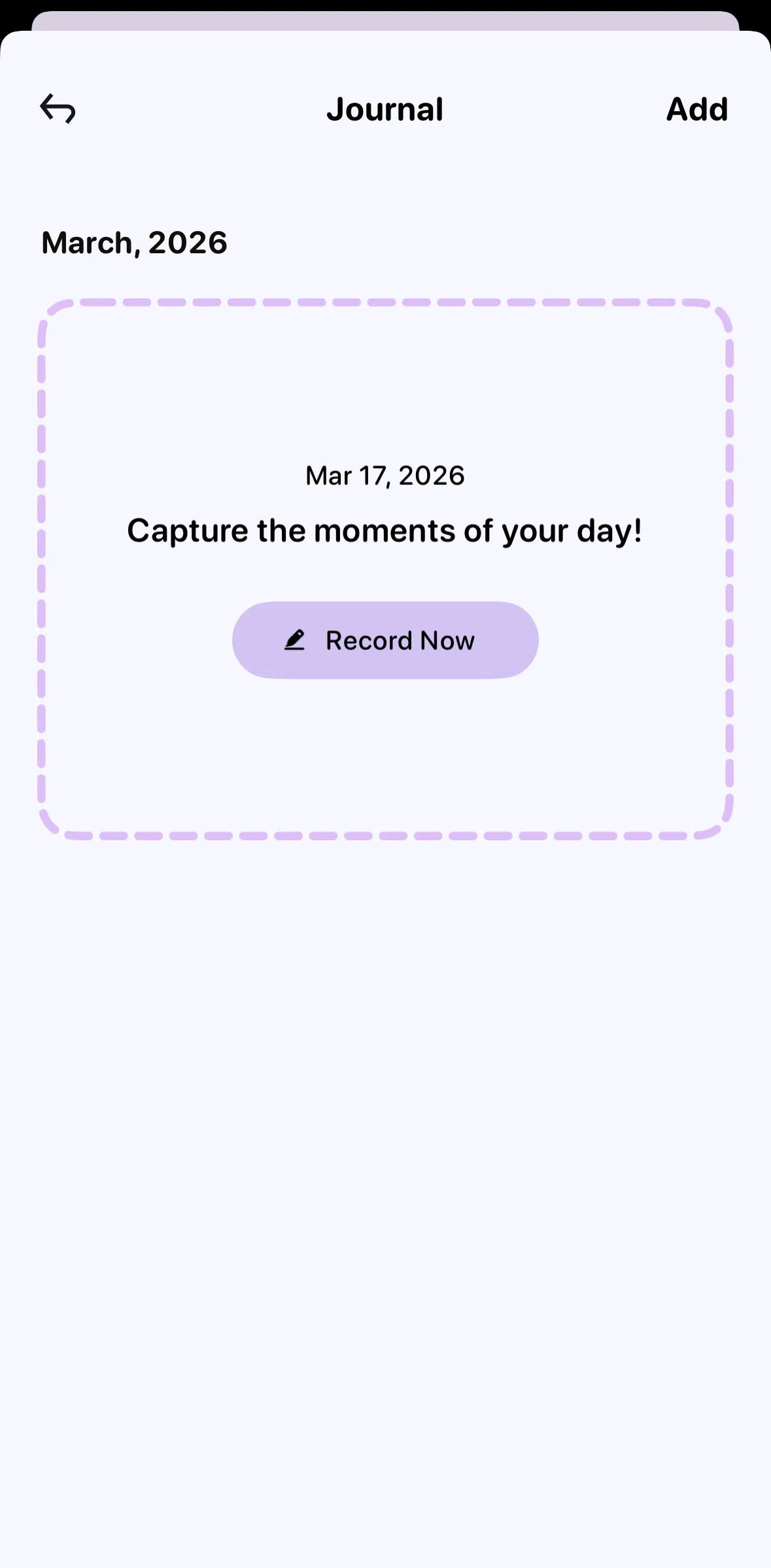 Me+ Screen screen in the Adding a journal flow