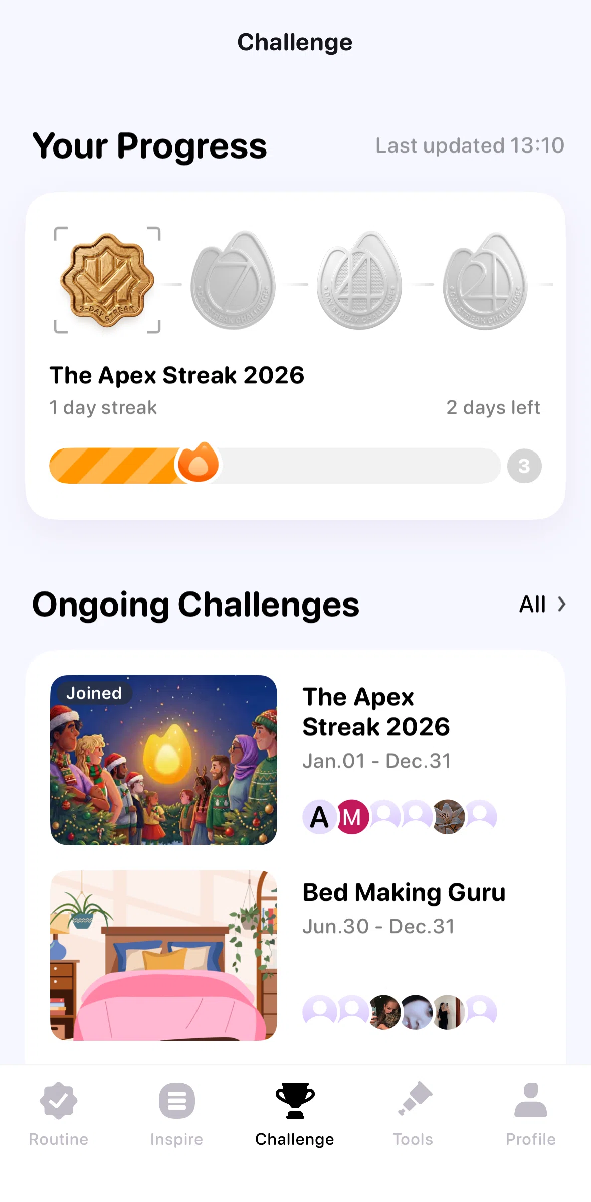 Me+ Screen screen in the Challenges flow