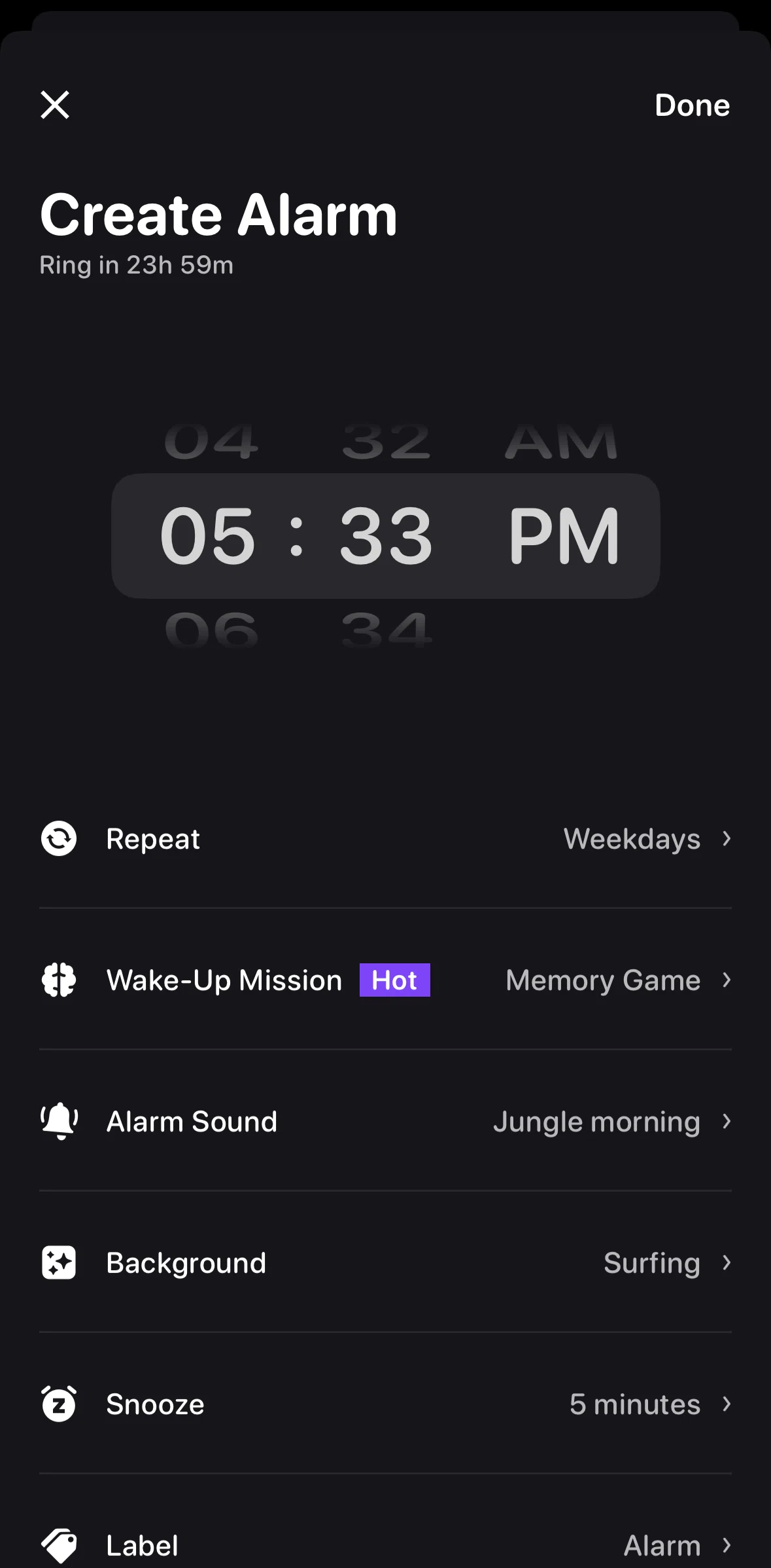 Me+ Screen screen in the Changing alarm sound flow