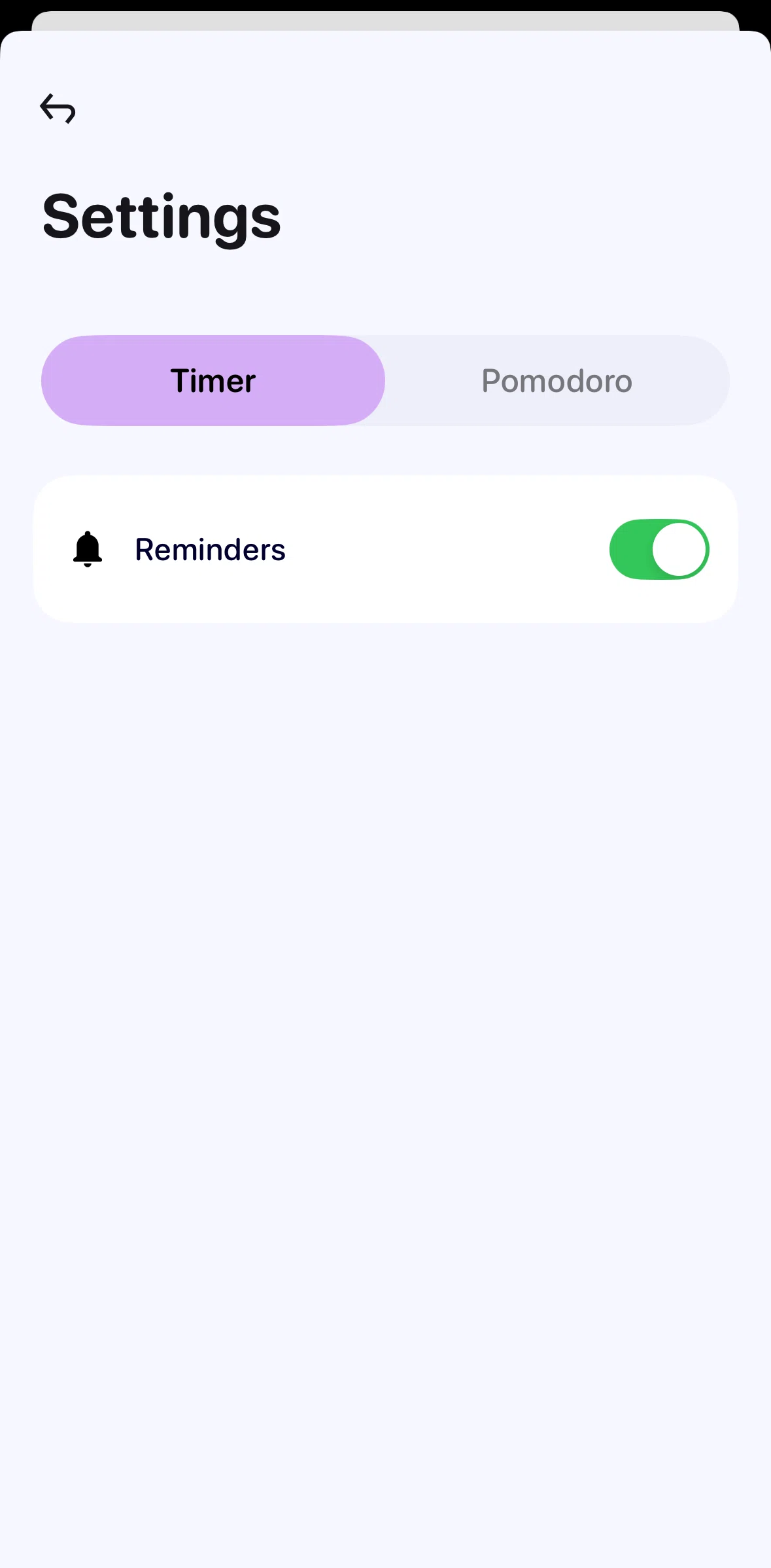 Me+ Screen screen in the Changing pomodoro settings flow