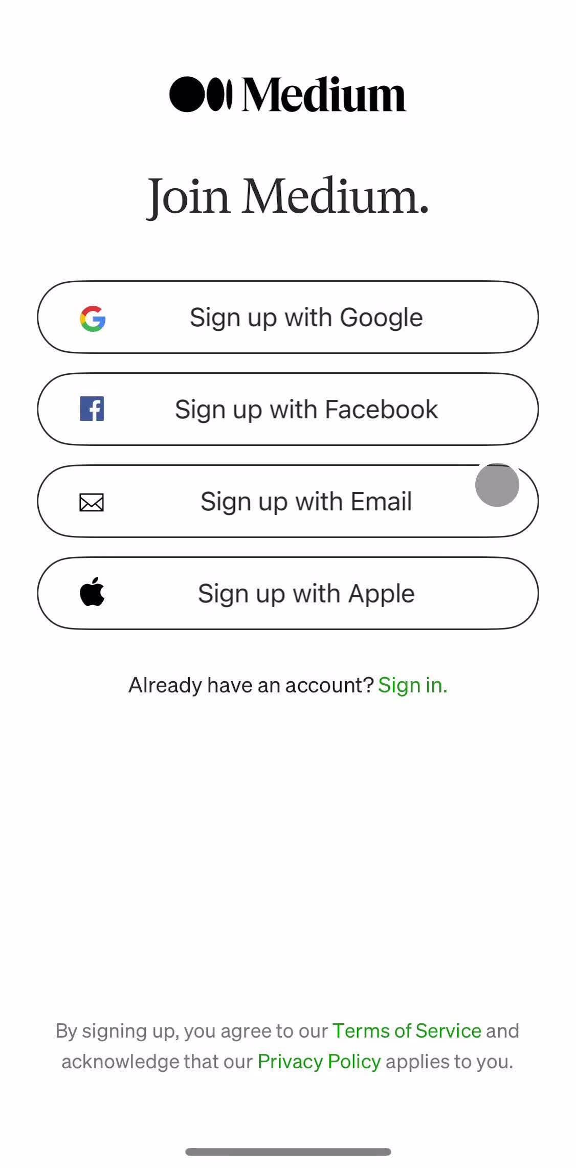 Medium Sign up screen in the Onboarding flow