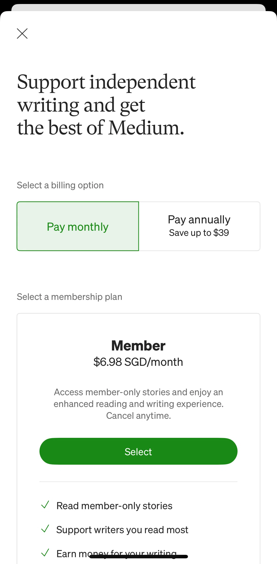 Medium Screen 1 screen in the Subscribing to Medium flow