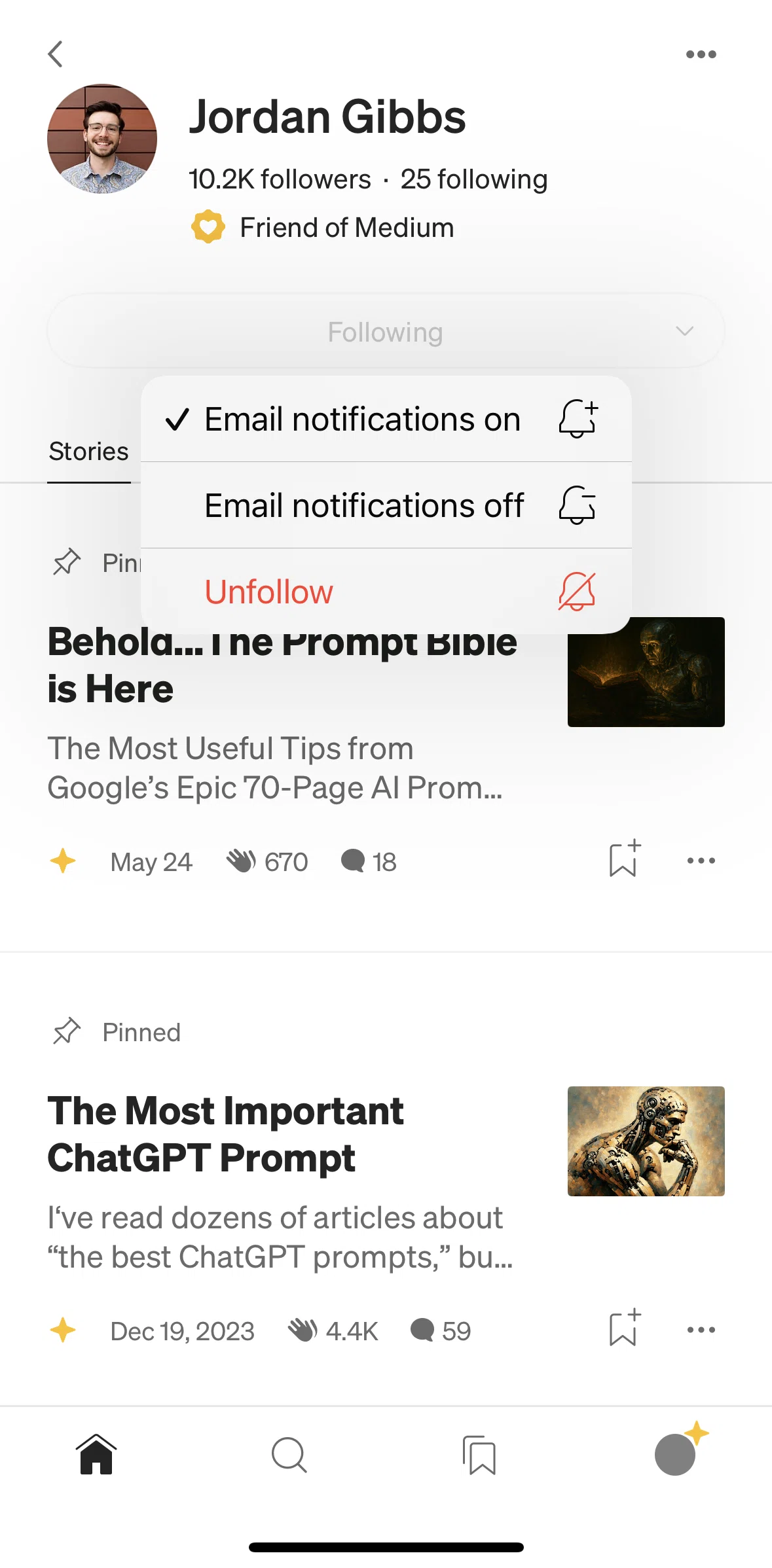 Medium Screen 1 screen in the Unfollowing an author flow