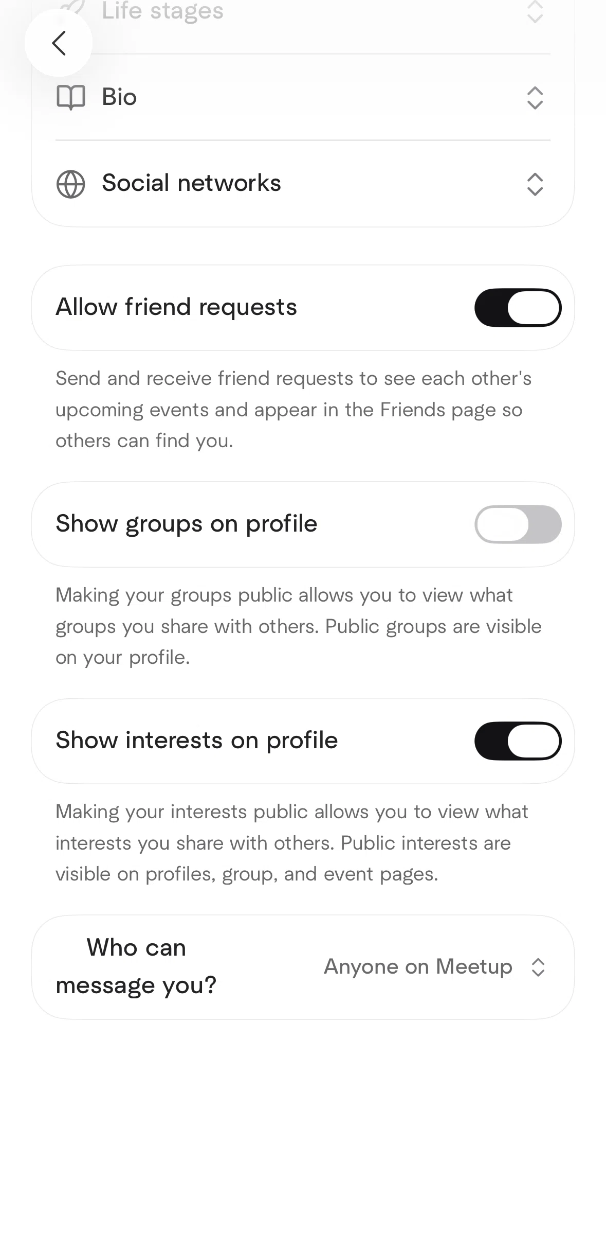 Meetup Screen screen in the Changing message permissions flow