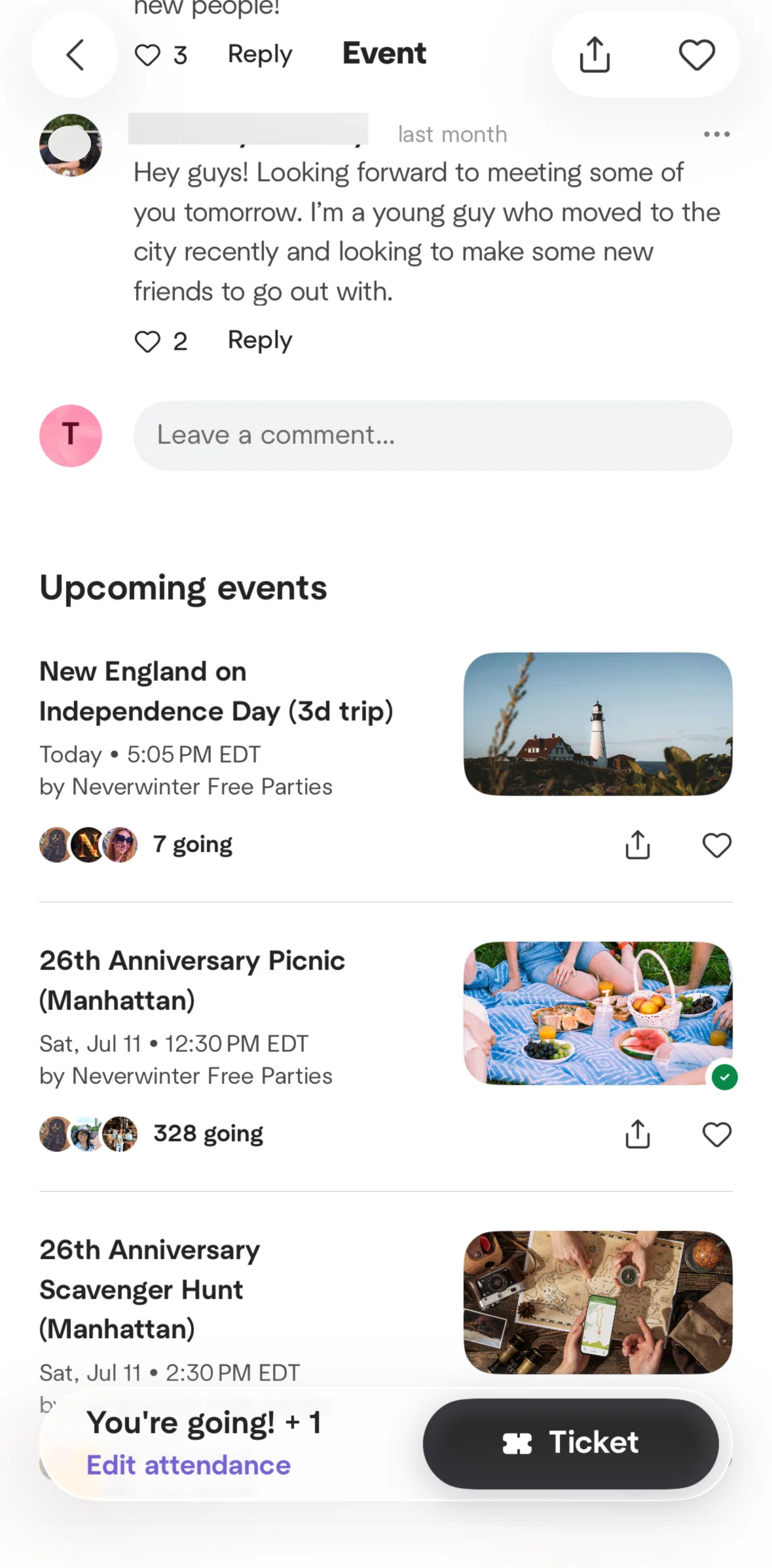 Meetup Screen screen in the Commenting on an event flow