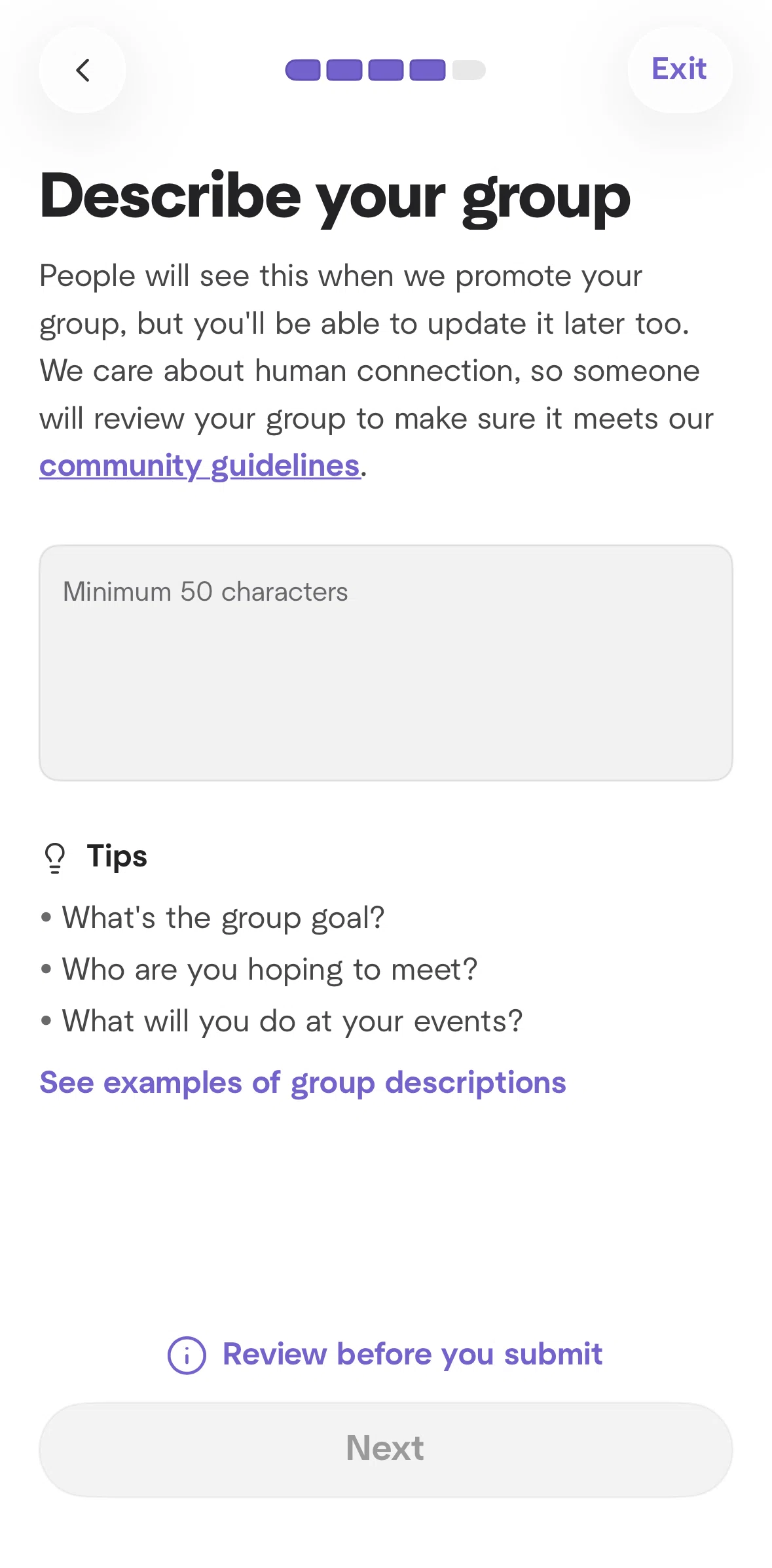 Meetup Screen screen in the Description information flow
