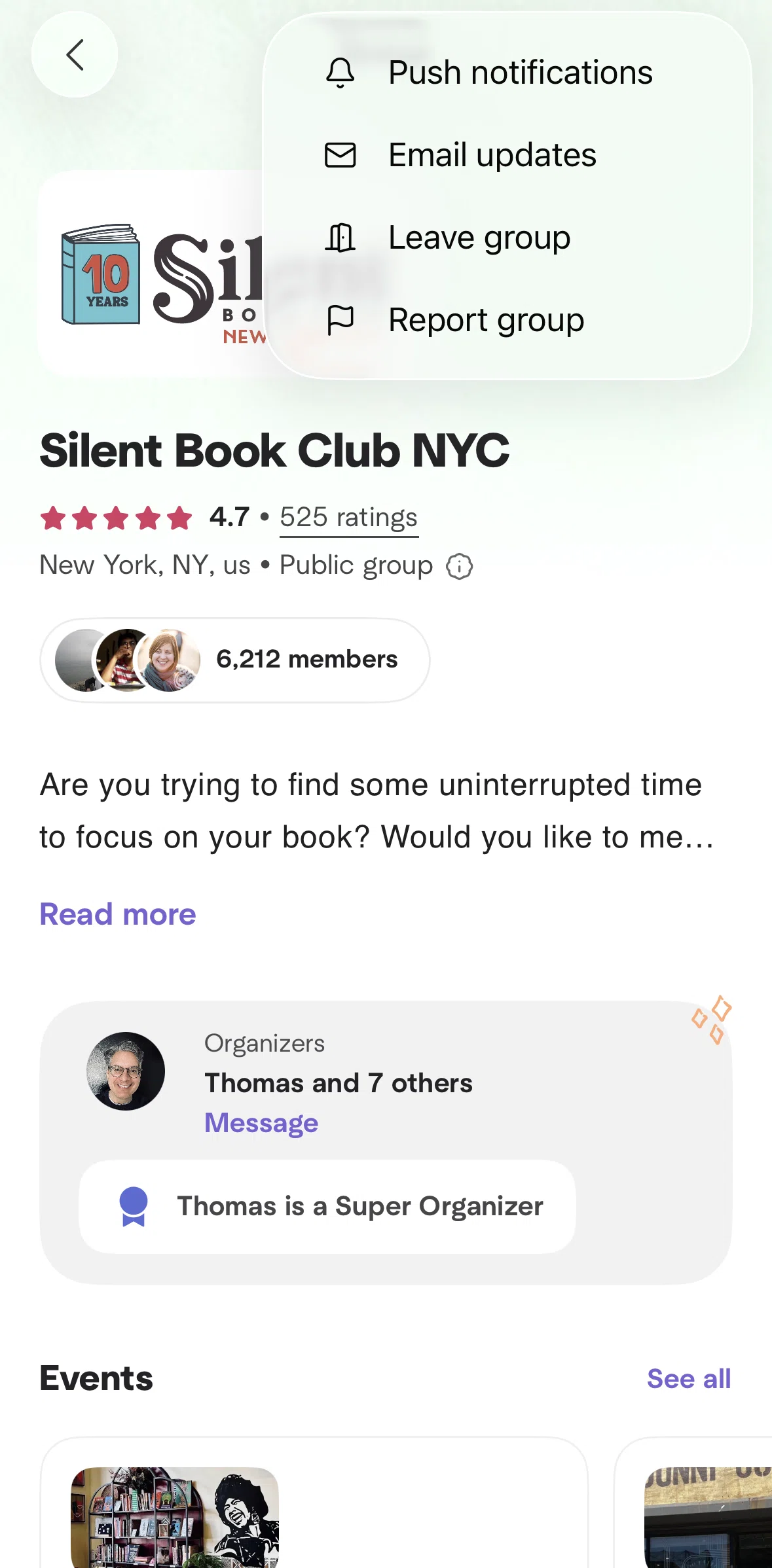 Meetup Screen screen in the Leaving a group flow