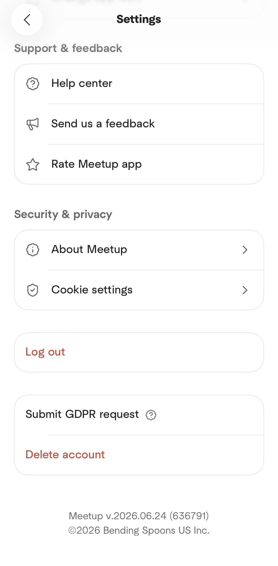 Meetup Screen screen in the Logging out flow
