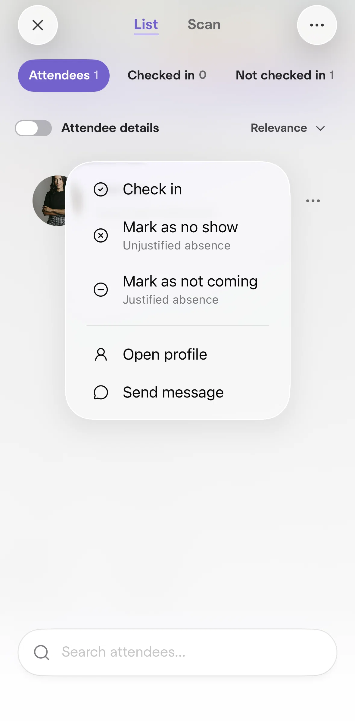 Meetup Screen screen in the Marking a user as not coming flow