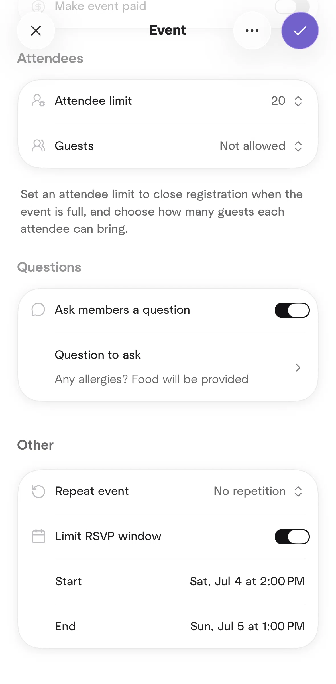 Meetup Screen screen in the Saving an event as a draft flow