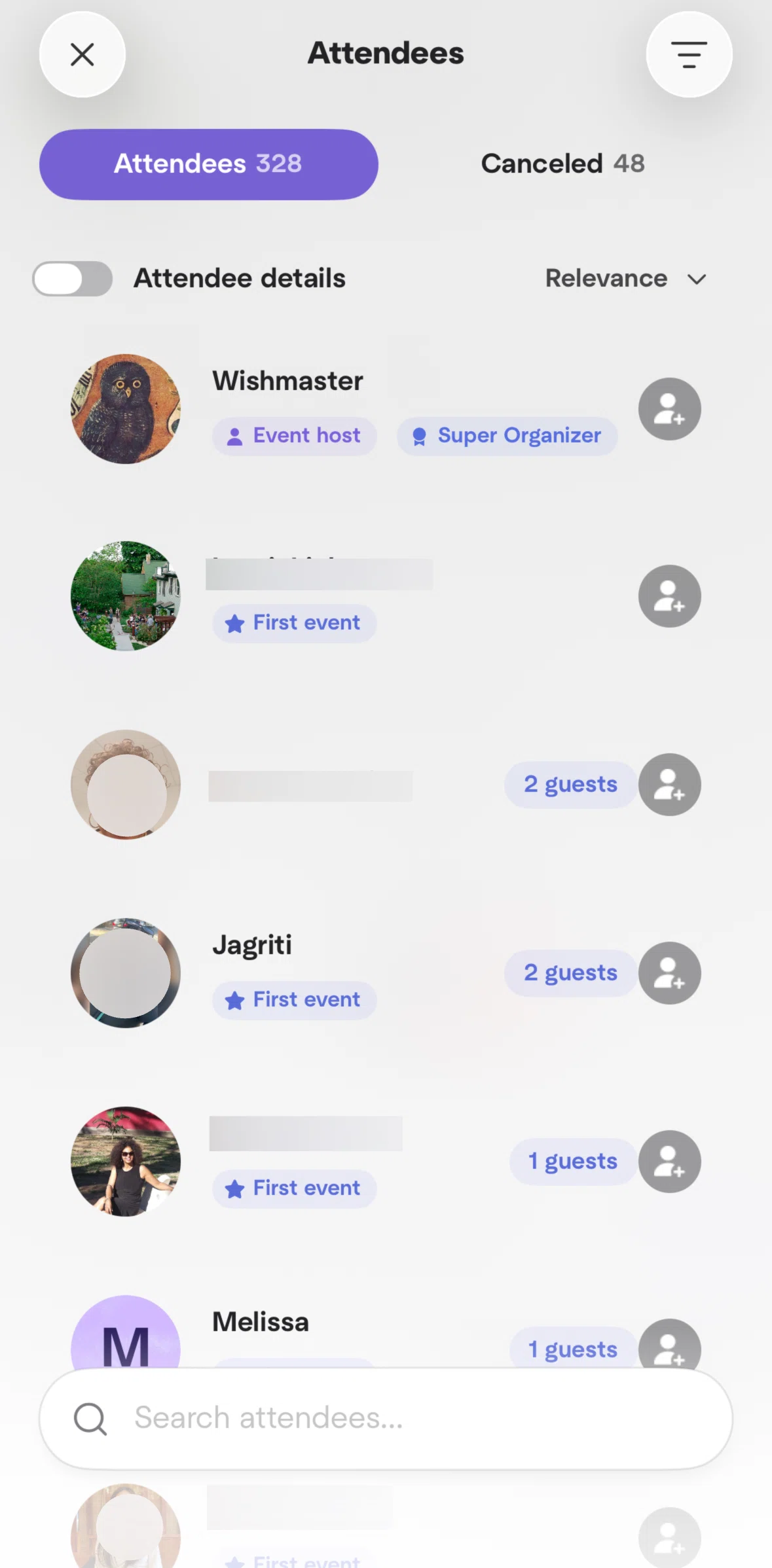 Meetup Screen screen in the Sorting attendees flow
