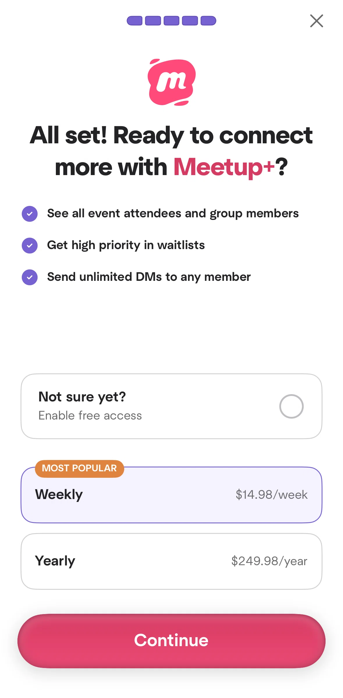 Meetup Screen screen in the Subscribing to Meetup+ flow