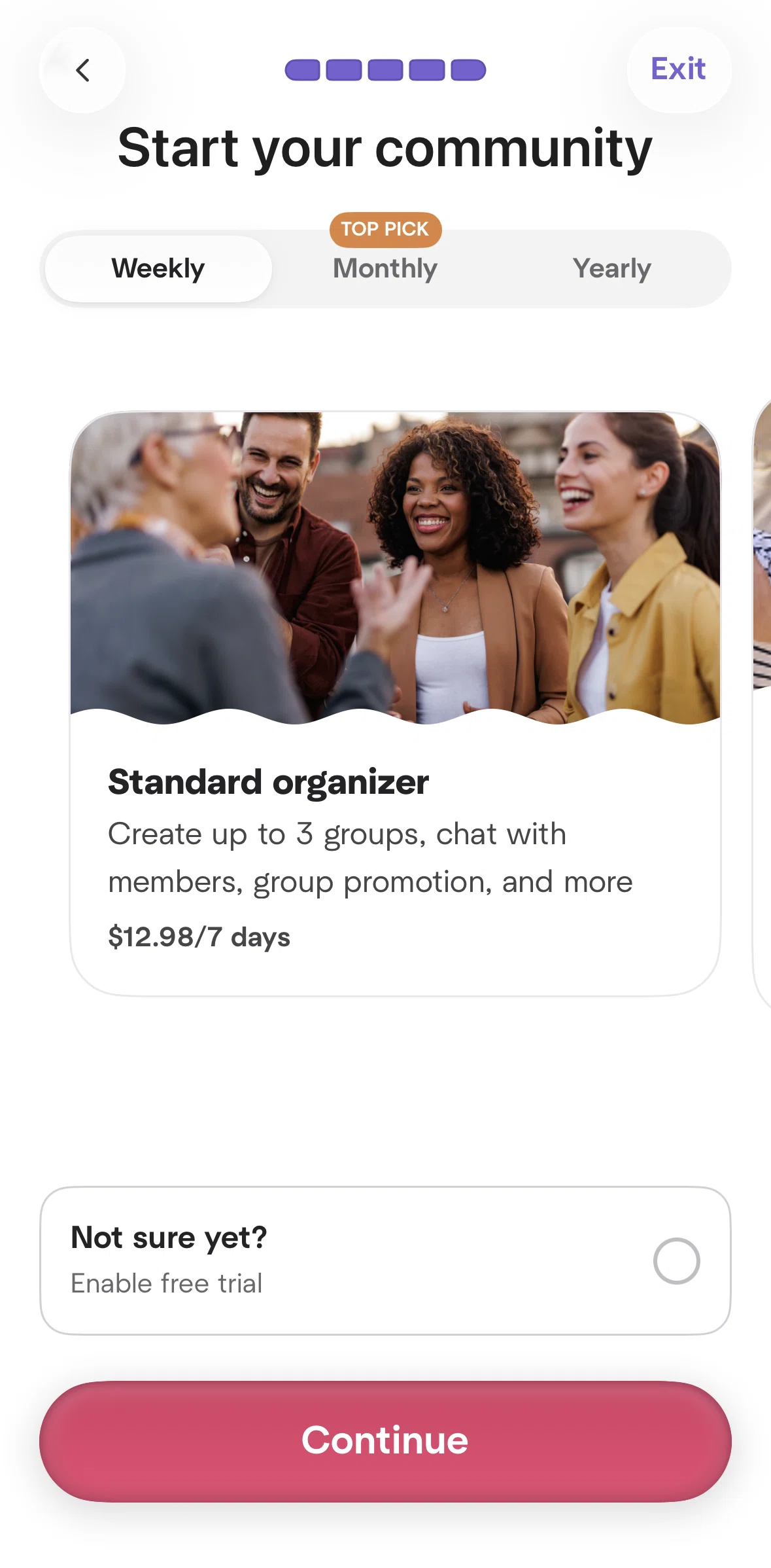 Meetup Screen screen in the Subscribing to standard organizer flow