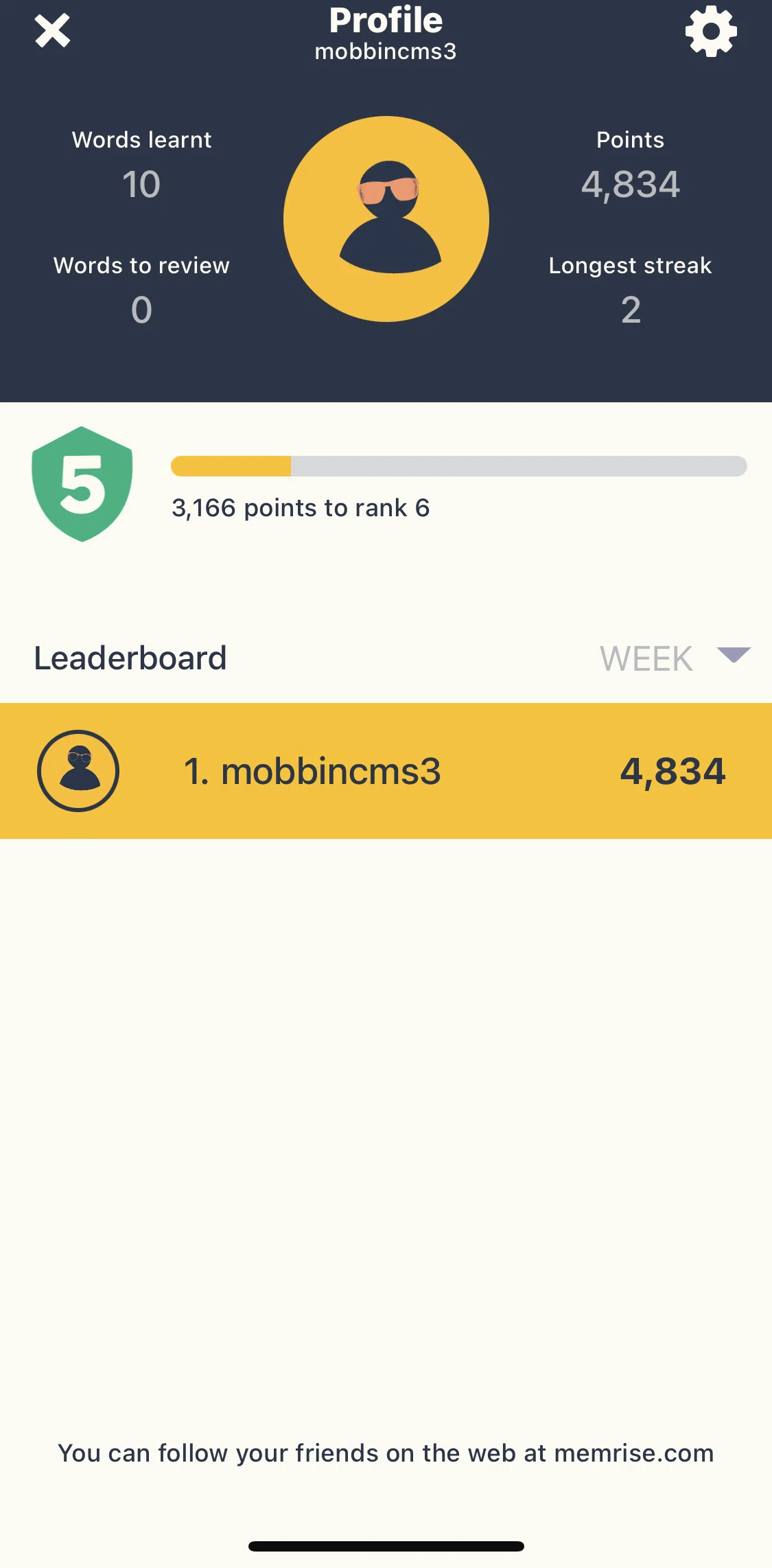 Memrise Screen screen in the Profile flow