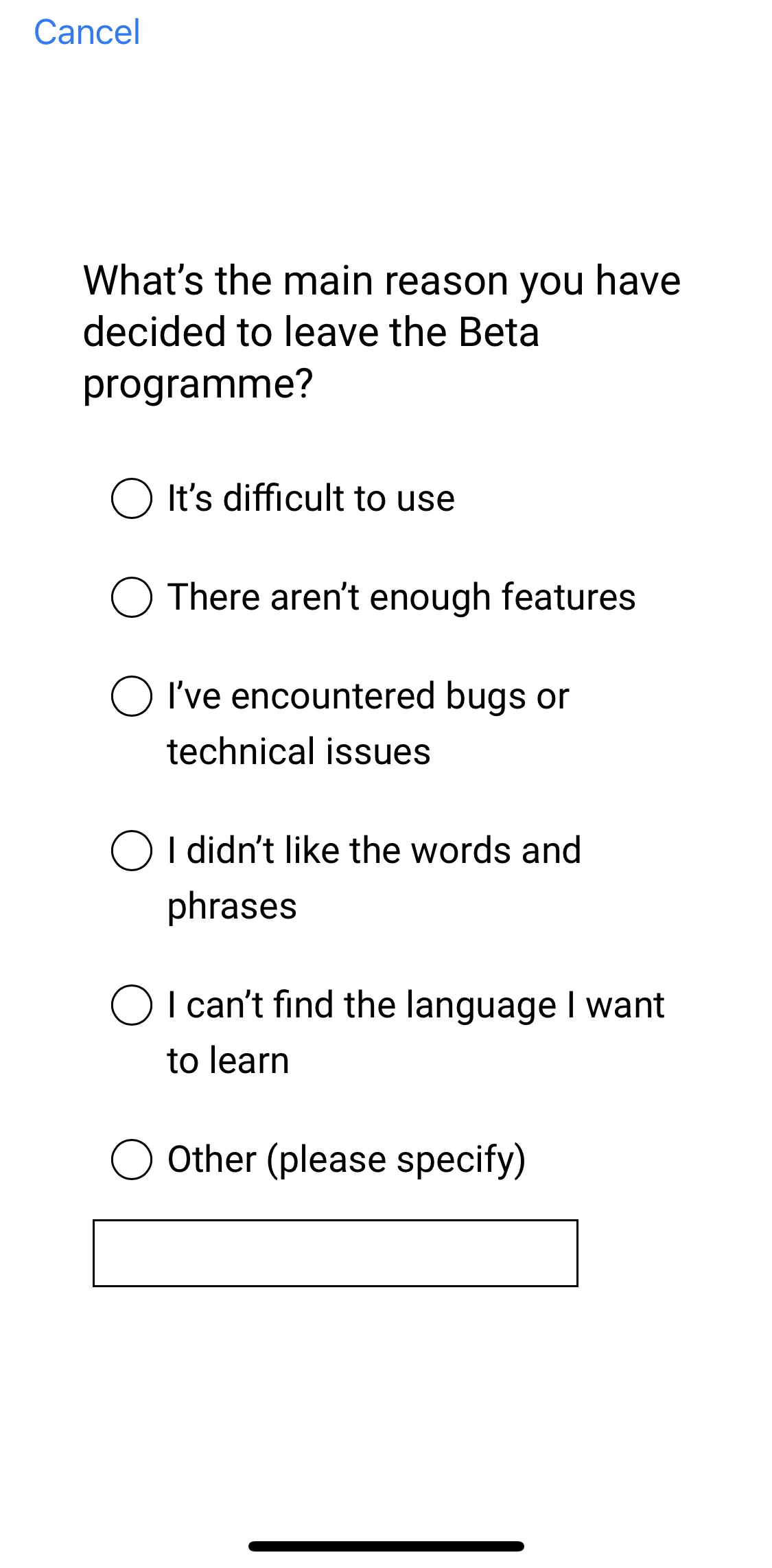Memrise Screen screen in the Submitting feedback flow