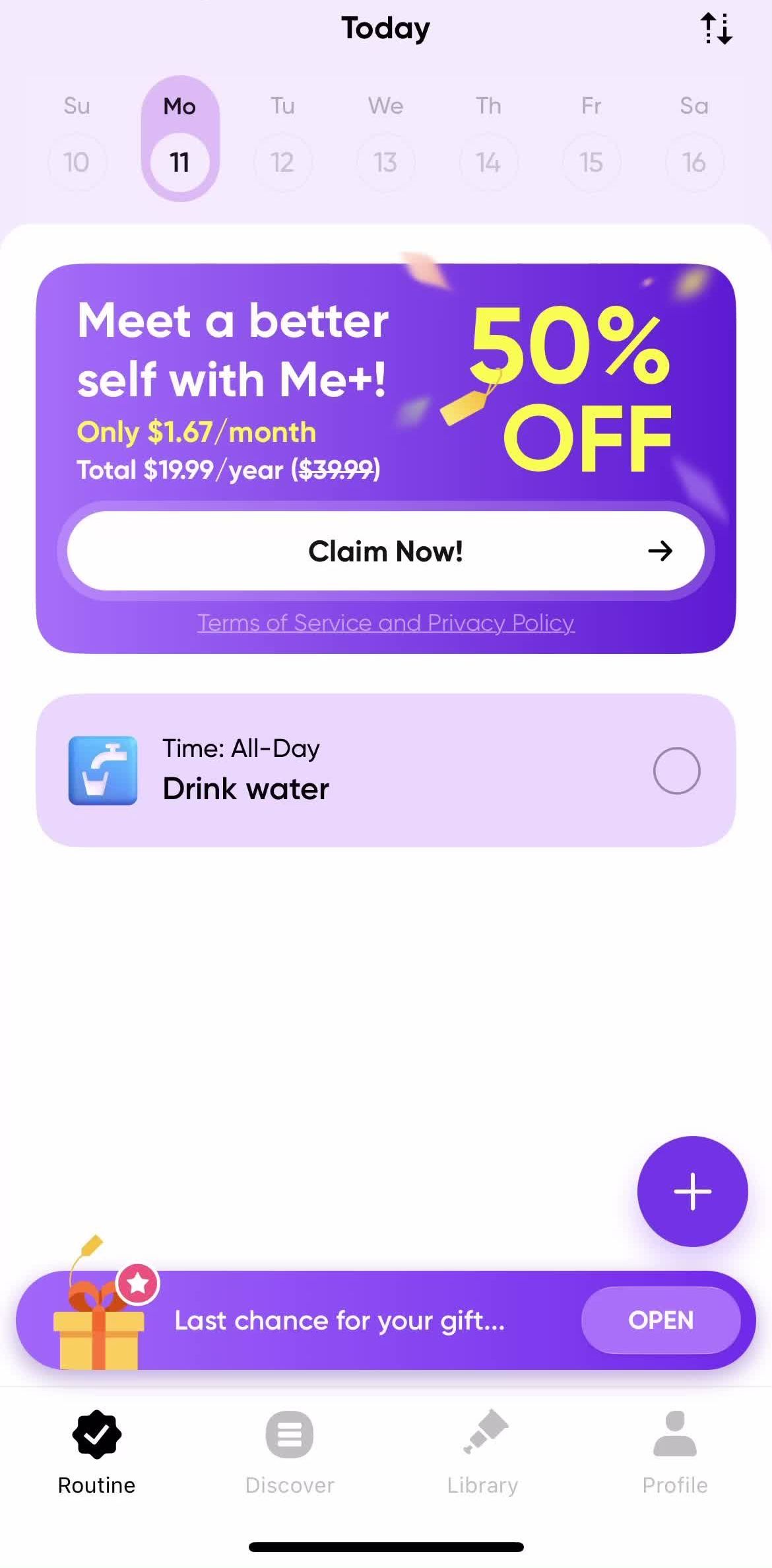 Meplus Routine screen in the Help Center flow