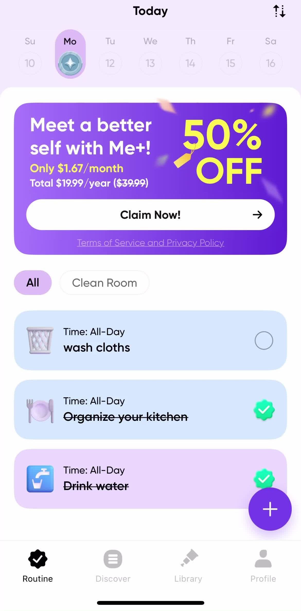 Meplus Routine screen in the Meditation flow