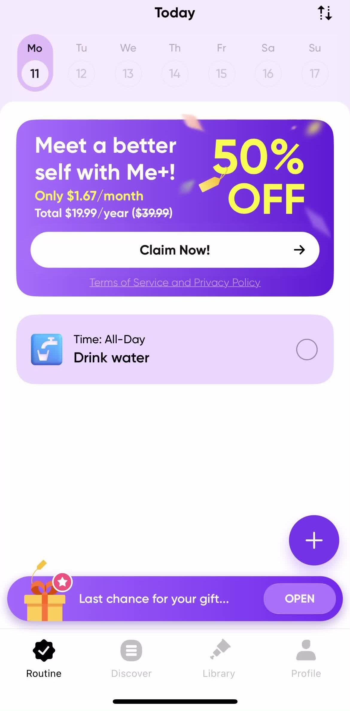 Meplus Routine screen in the Settings flow