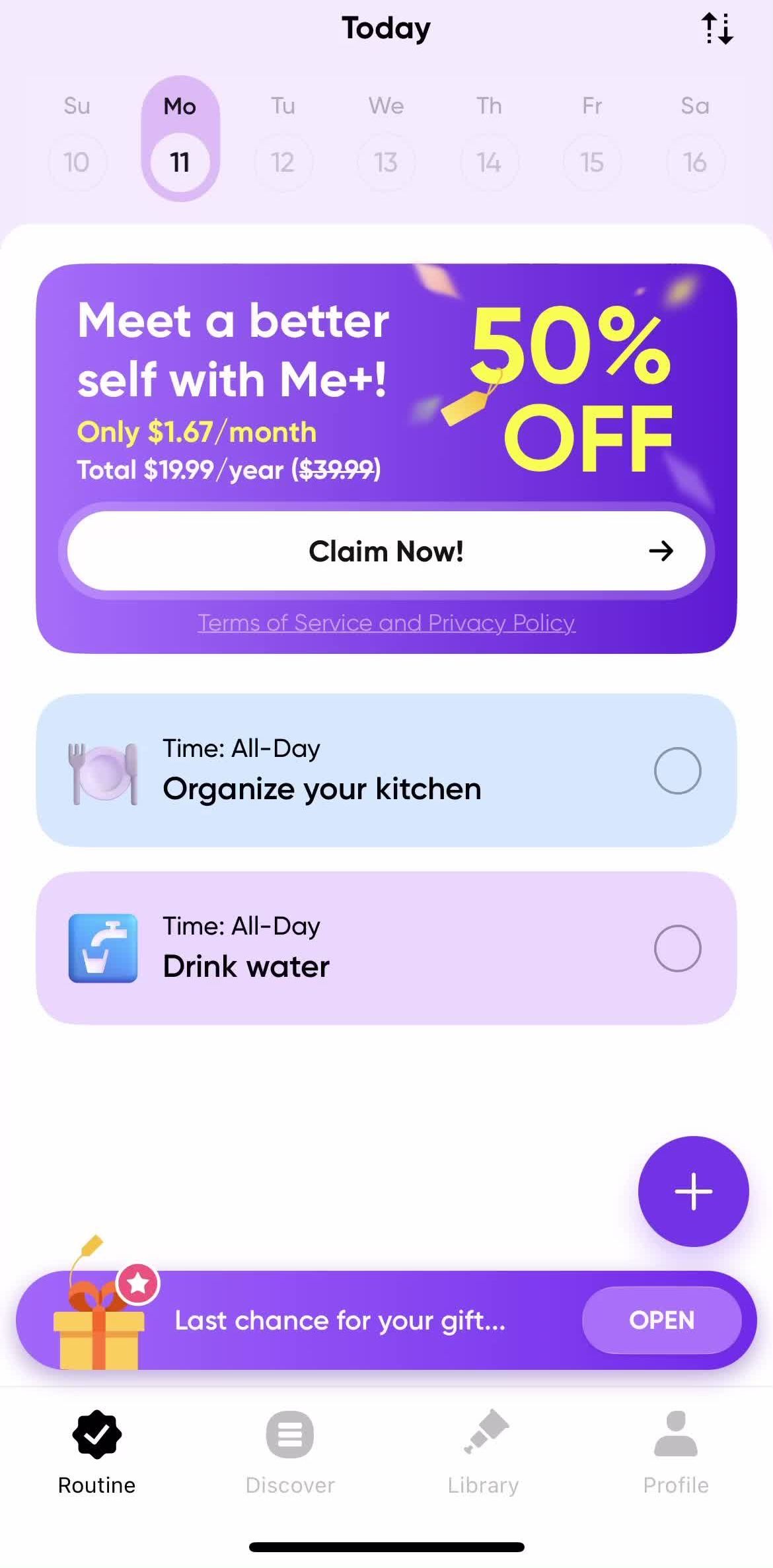 Meplus Routine screen in the Sharing flow