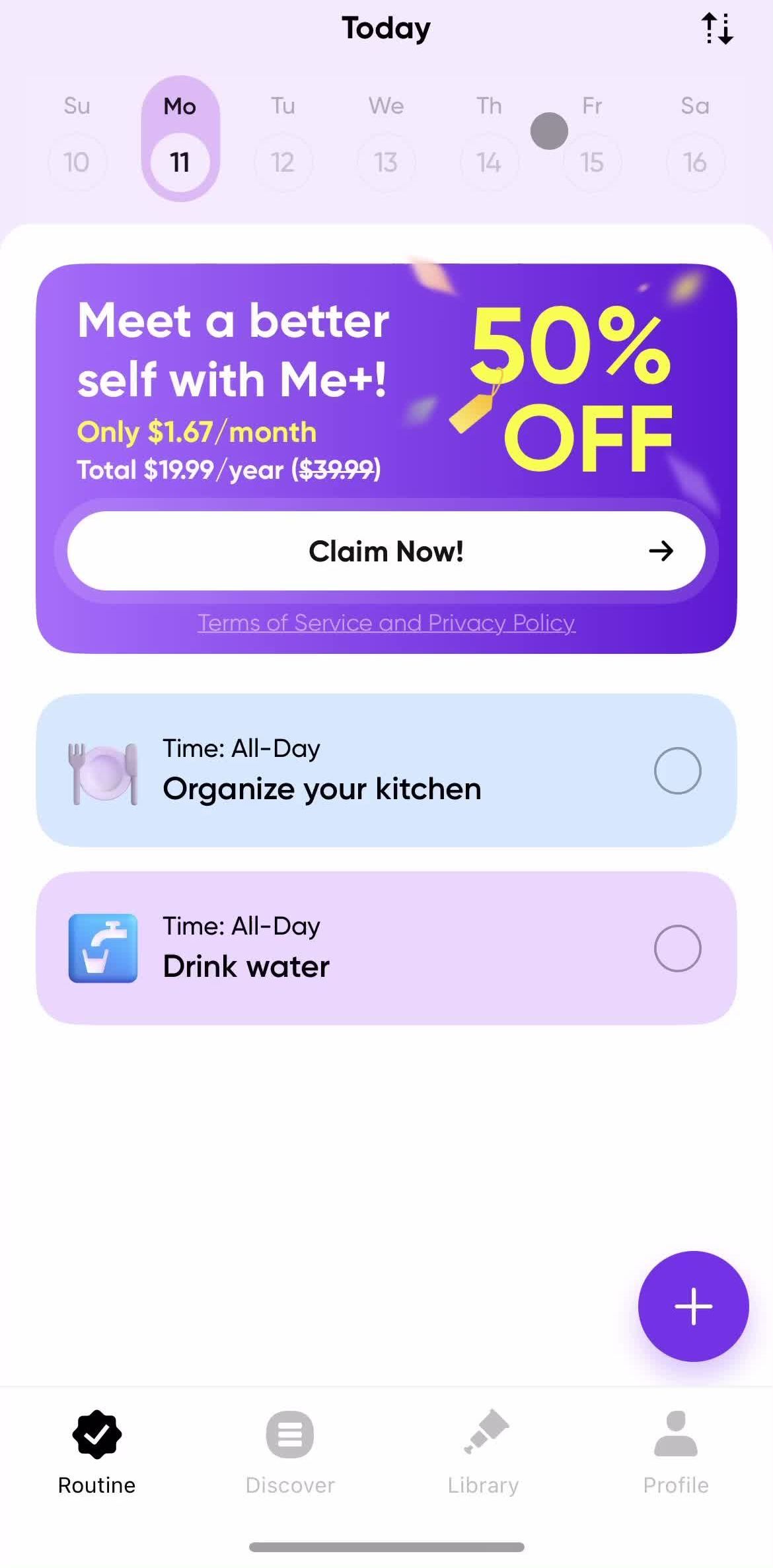 Meplus Routine screen in the Upgrading Your Account flow