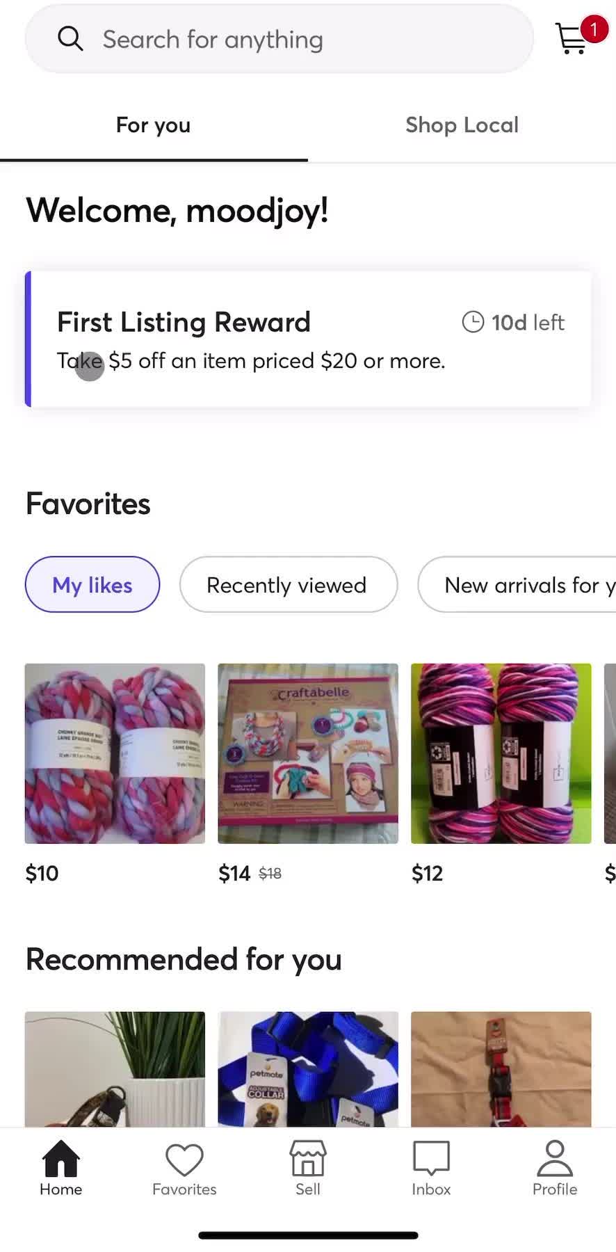 Mercari Home screen in the Buying Something flow