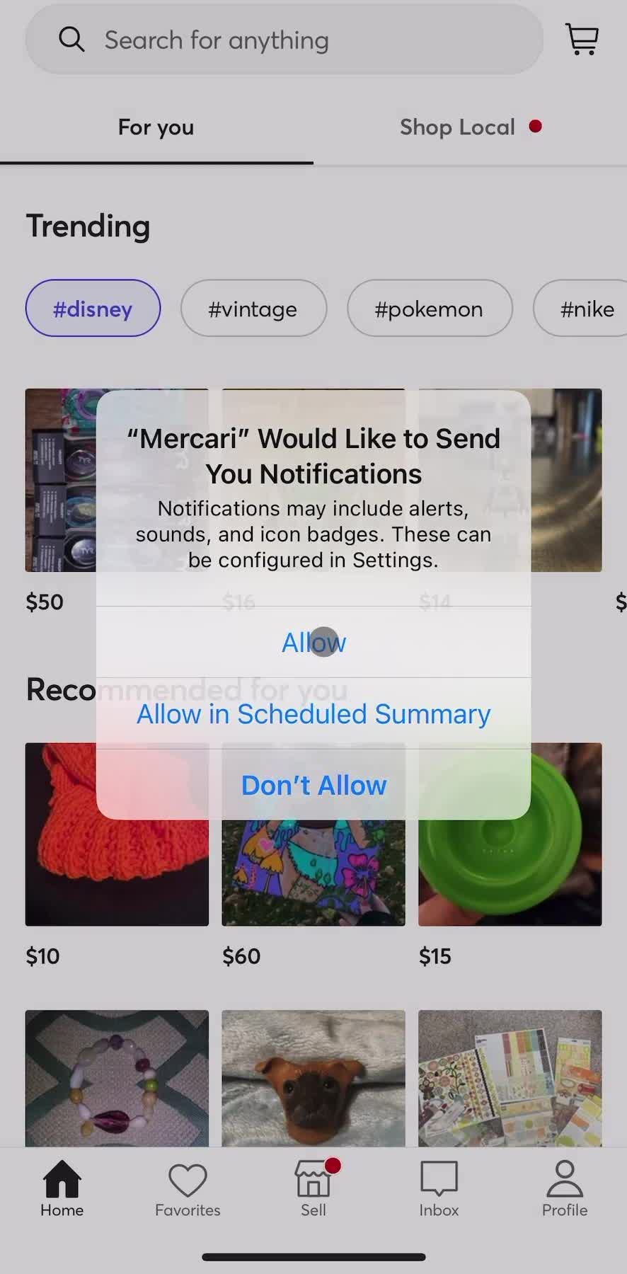 Mercari Enable notifications screen in the Onboarding flow
