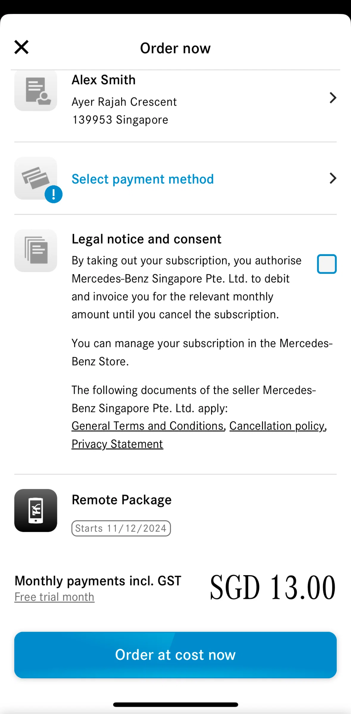 Mercedes-Benz Screen screen in the Adding a new card flow