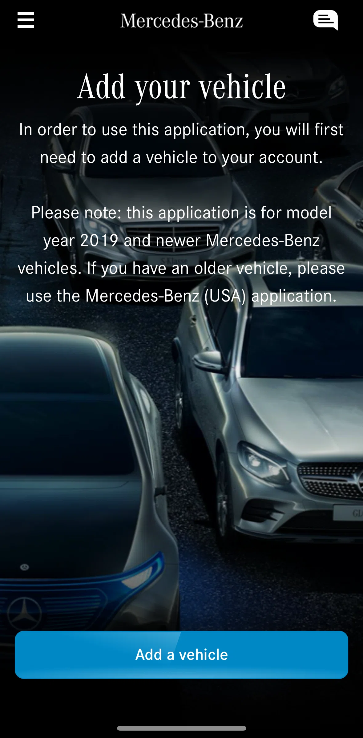 Mercedes-Benz Screen screen in the Adding a vehicle flow