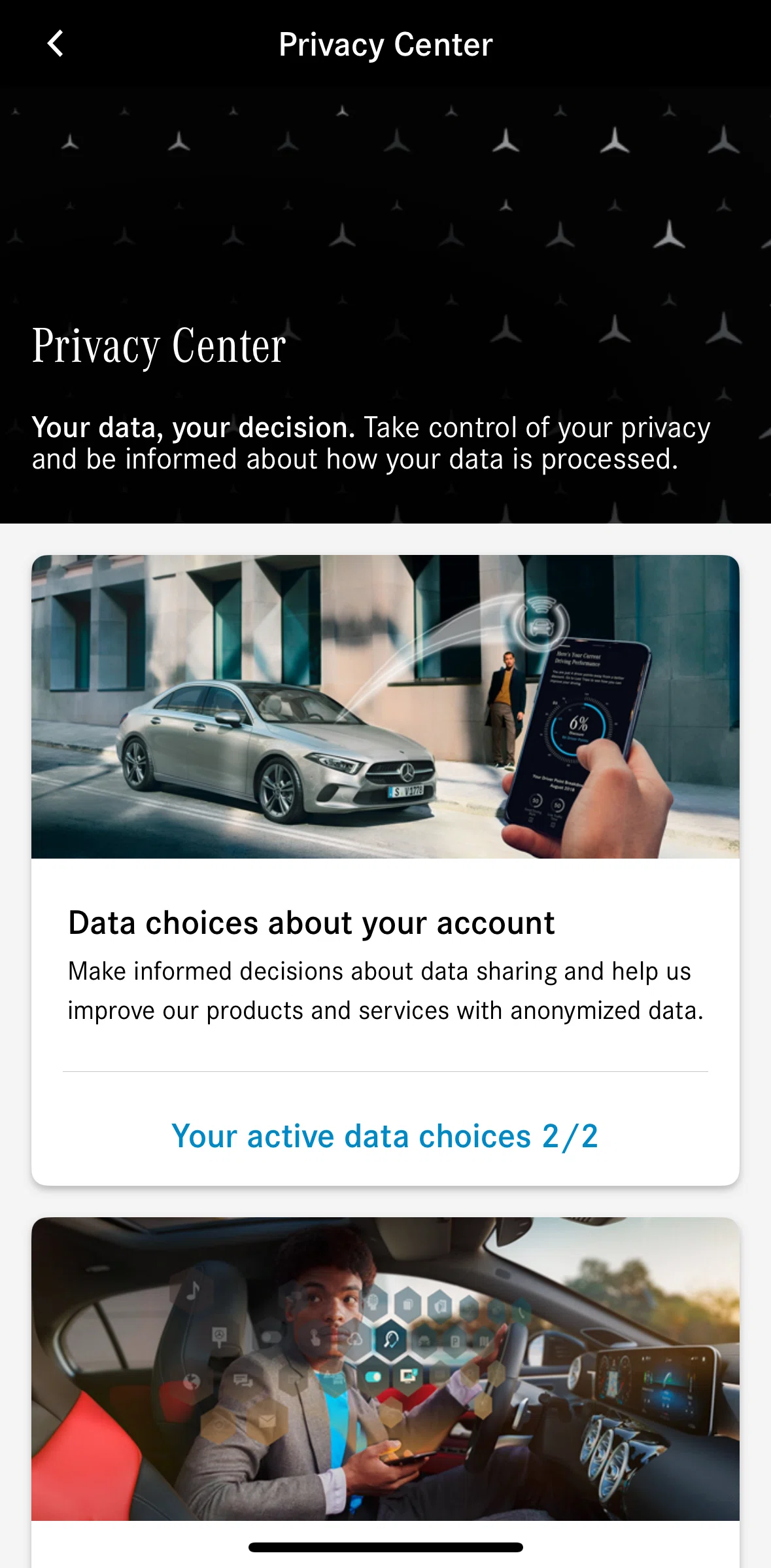 Mercedes-Benz Screen screen in the Data choices about your account flow
