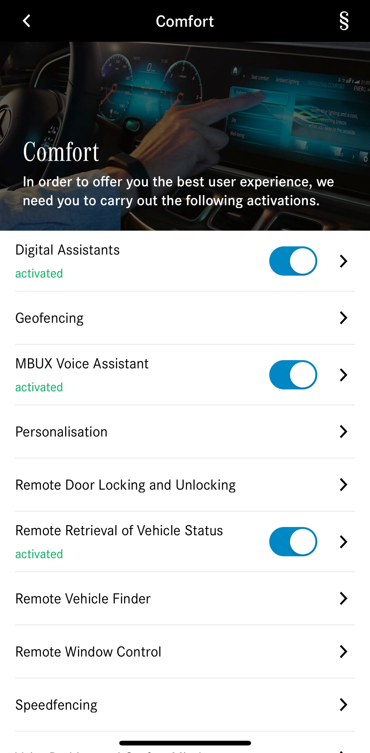 Mercedes-Benz Screen screen in the Deactivating retrieval of vehicle status flow