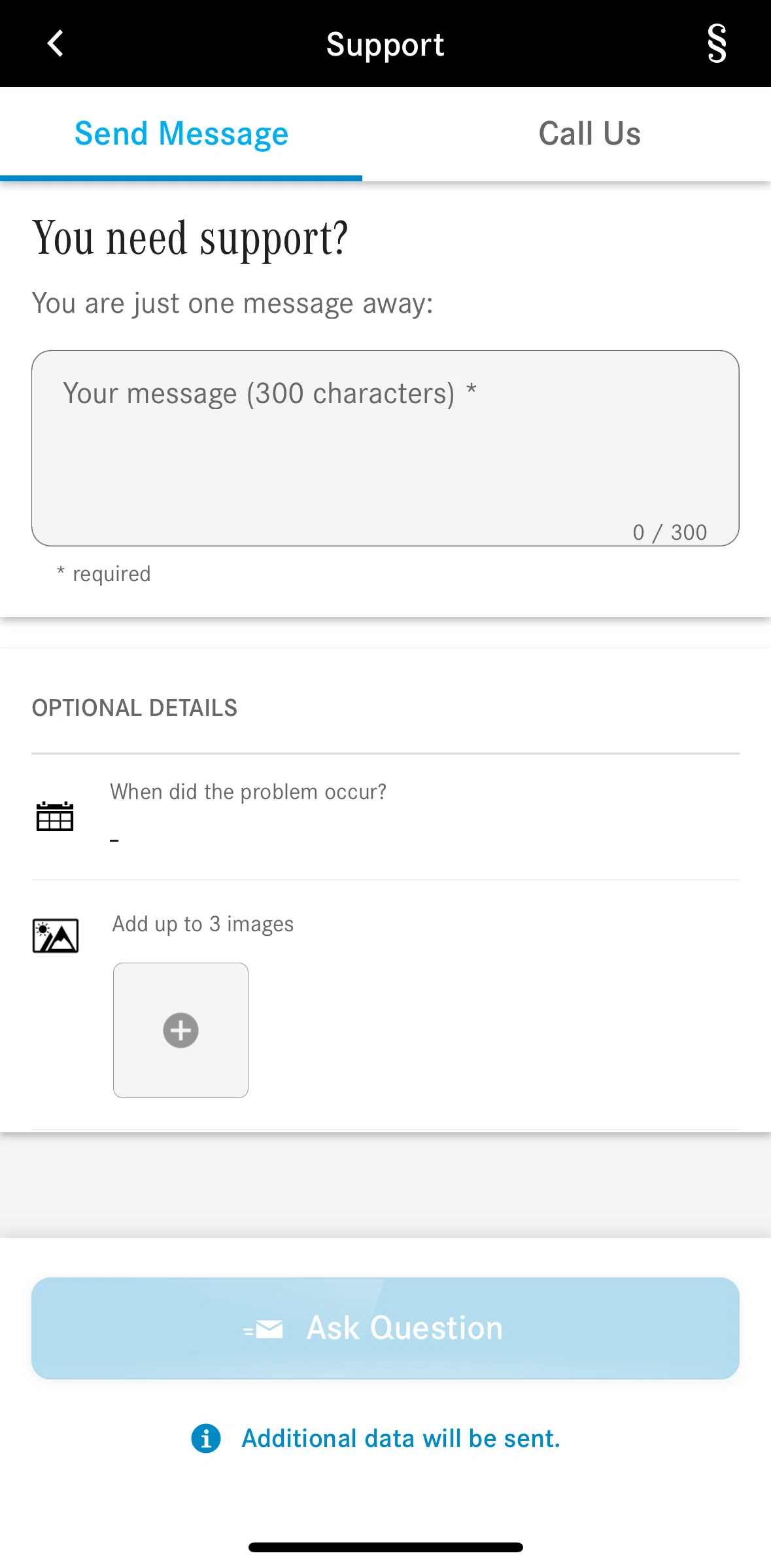 Mercedes-Benz Screen screen in the Sending a support message flow