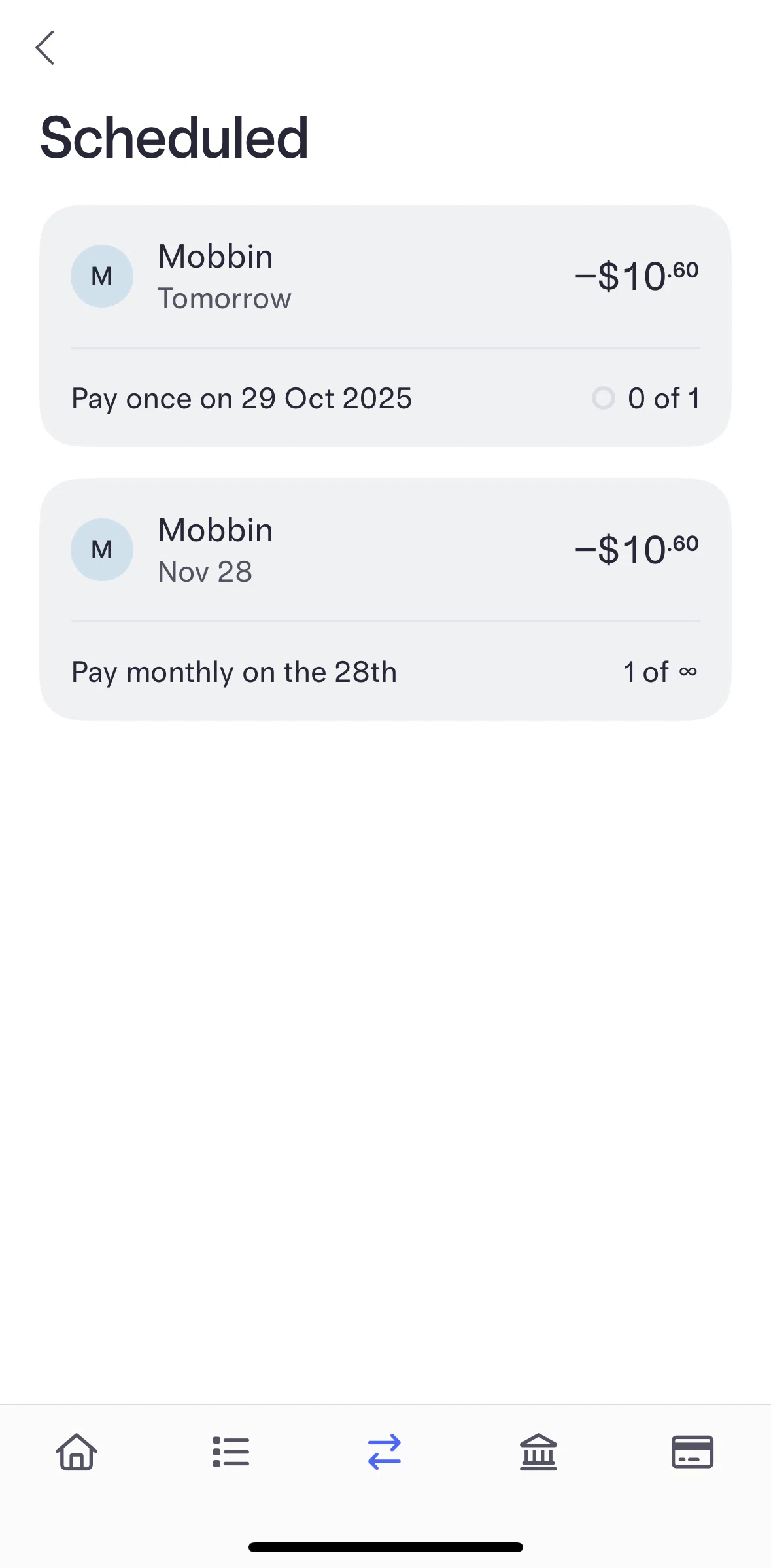Mercury Screen screen in the Canceling a scheduled payment flow