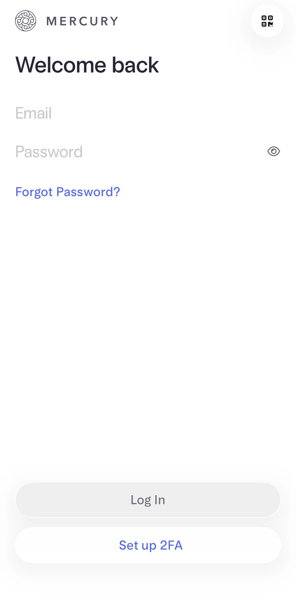 Mercury Screen screen in the Logging in flow
