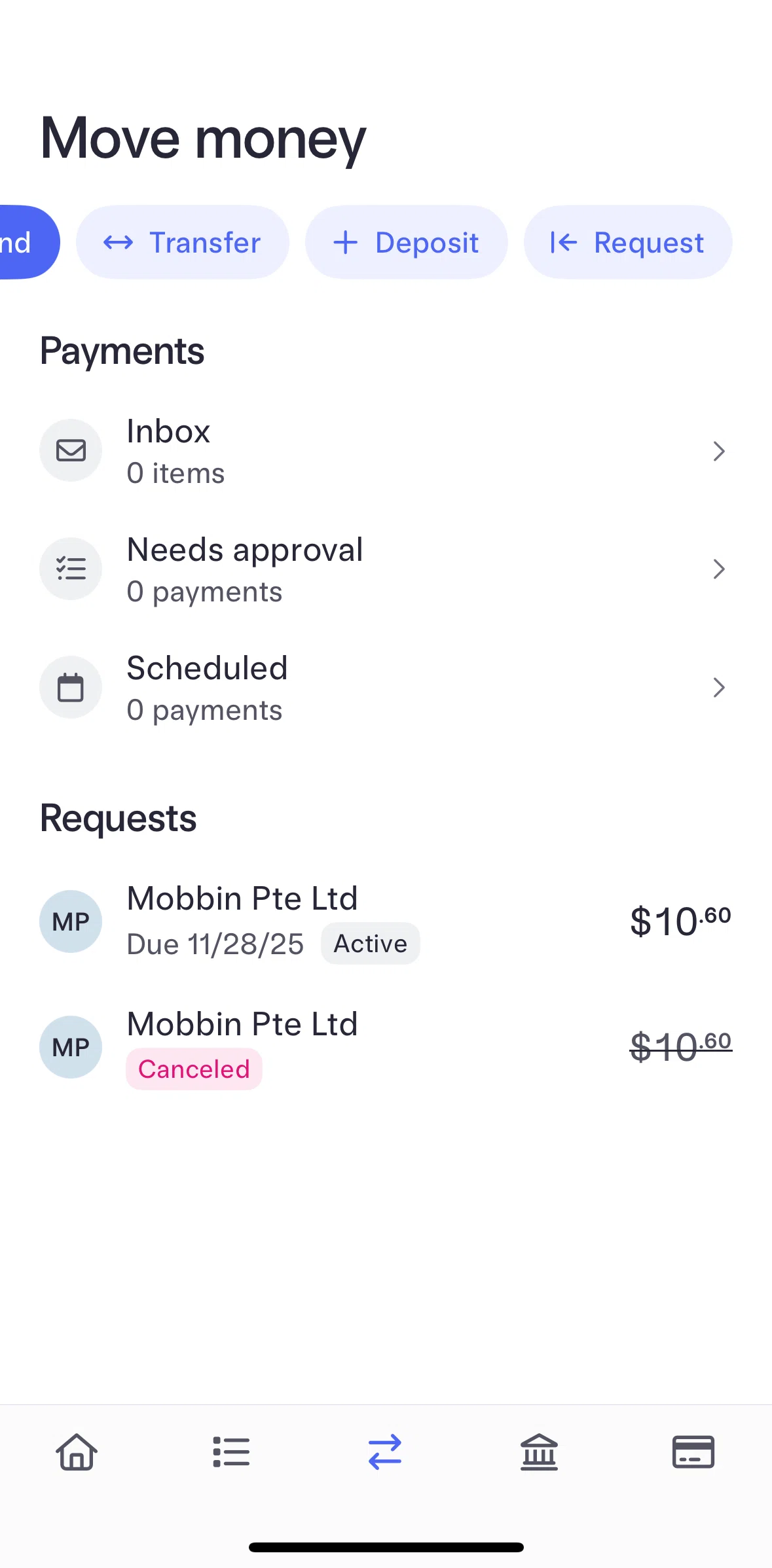 Mercury Screen screen in the Requesting money flow