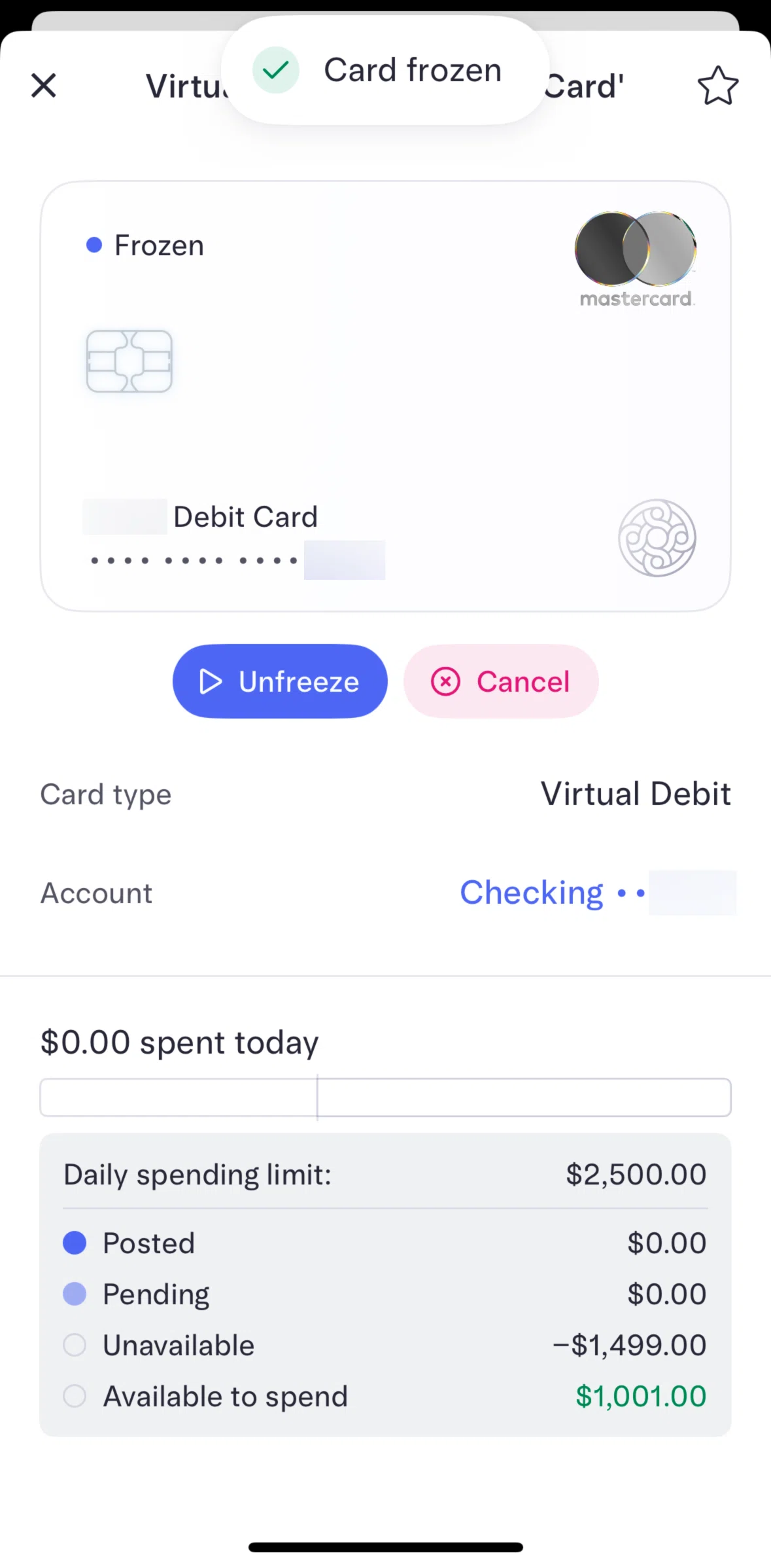 Mercury Screen screen in the Unfreezing a card flow