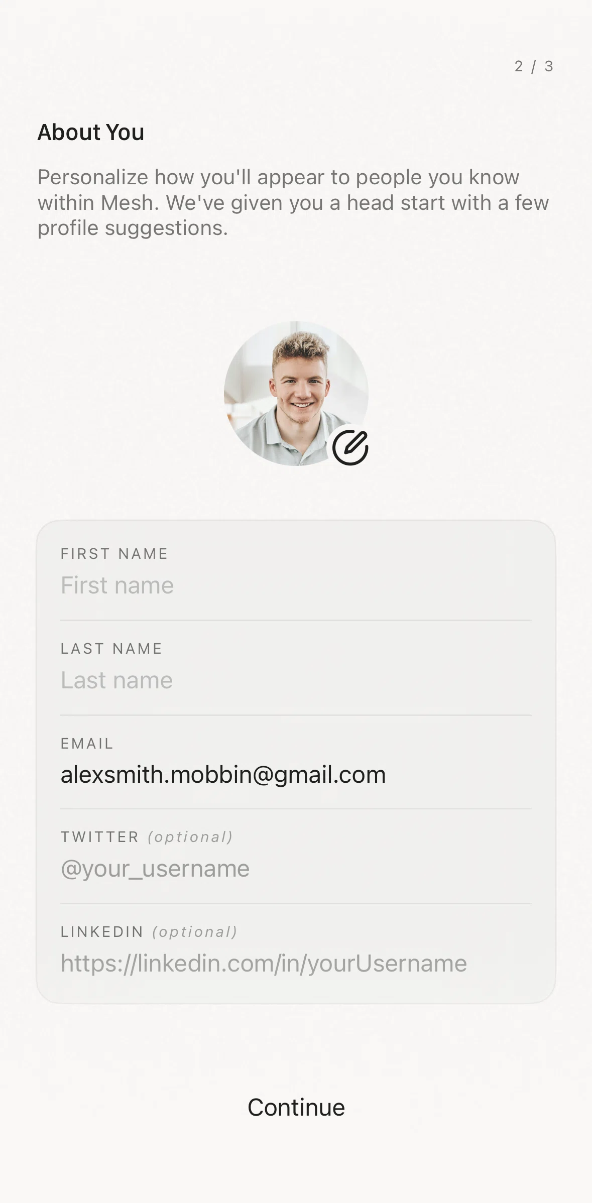 Mesh Screen screen in the Creating a profile flow