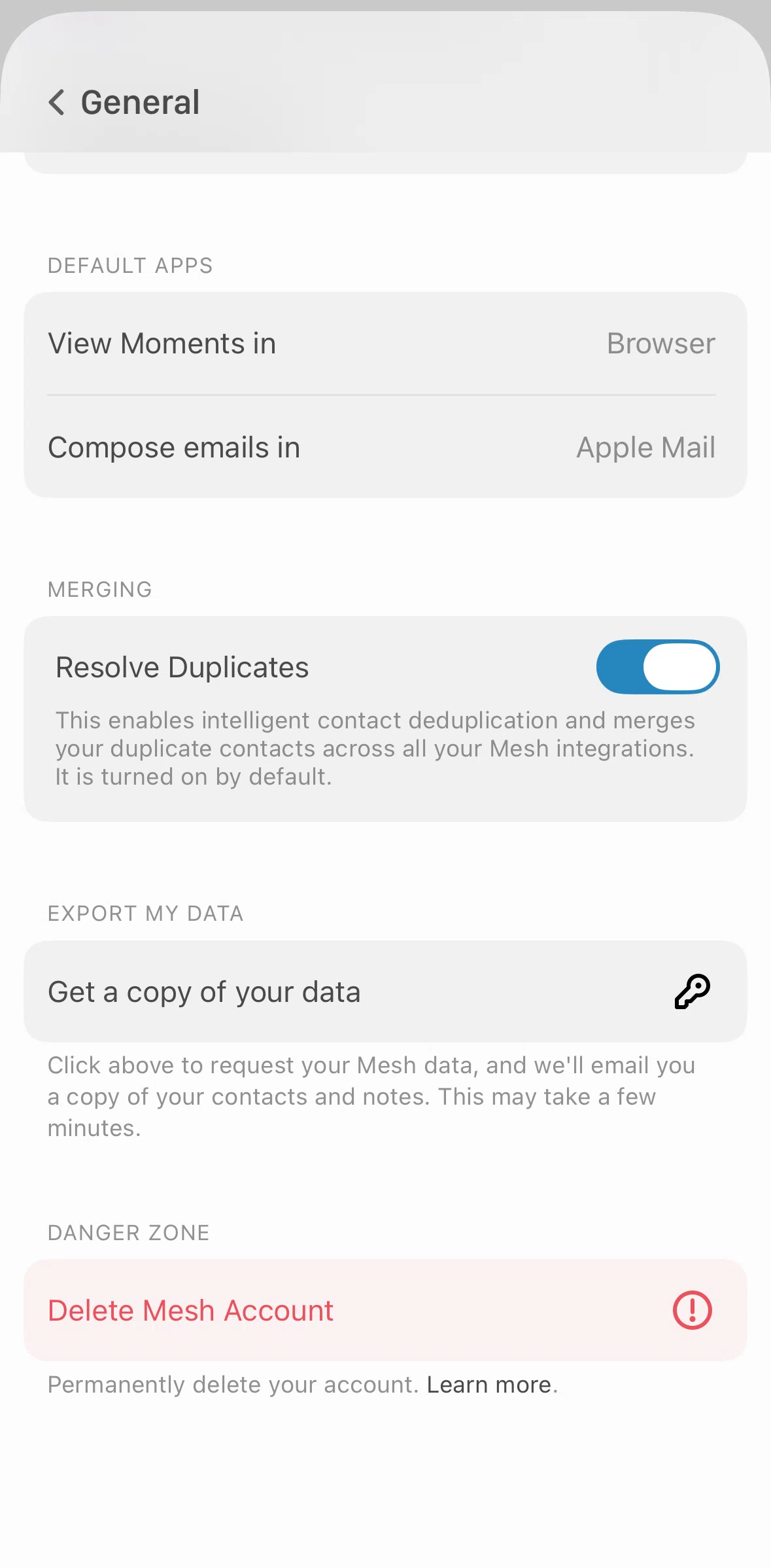 Mesh Screen screen in the Deleting an account flow