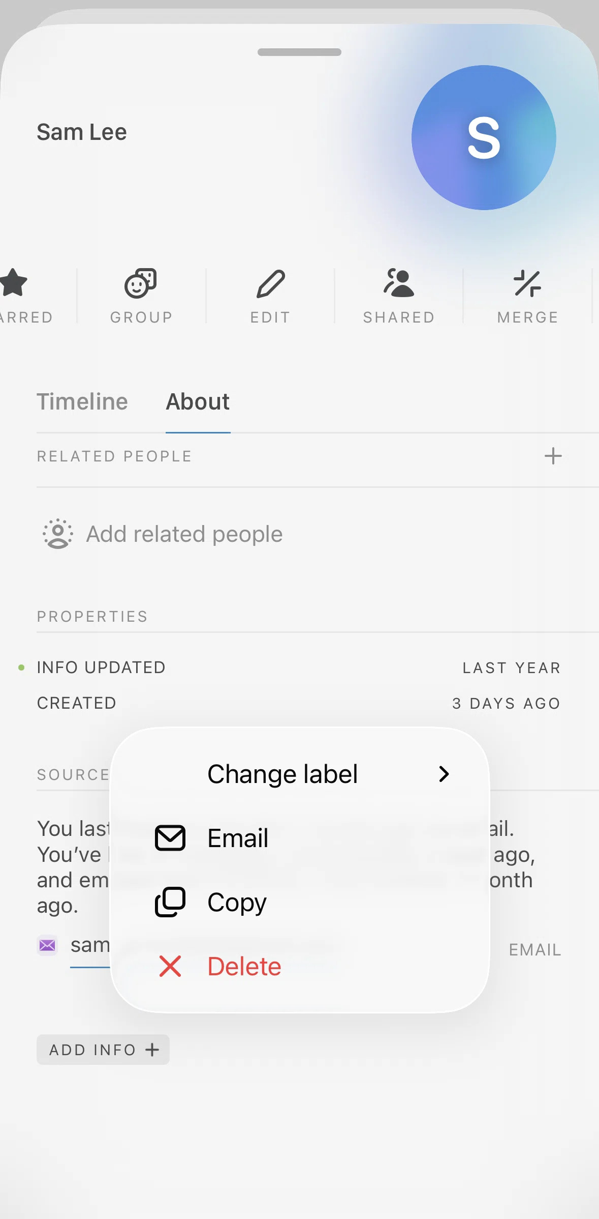 Mesh Screen screen in the Deleting contact info flow