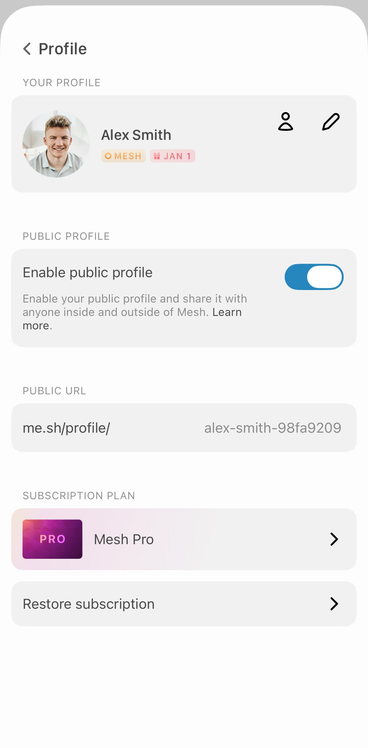 Mesh Screen screen in the Disabling public profile flow